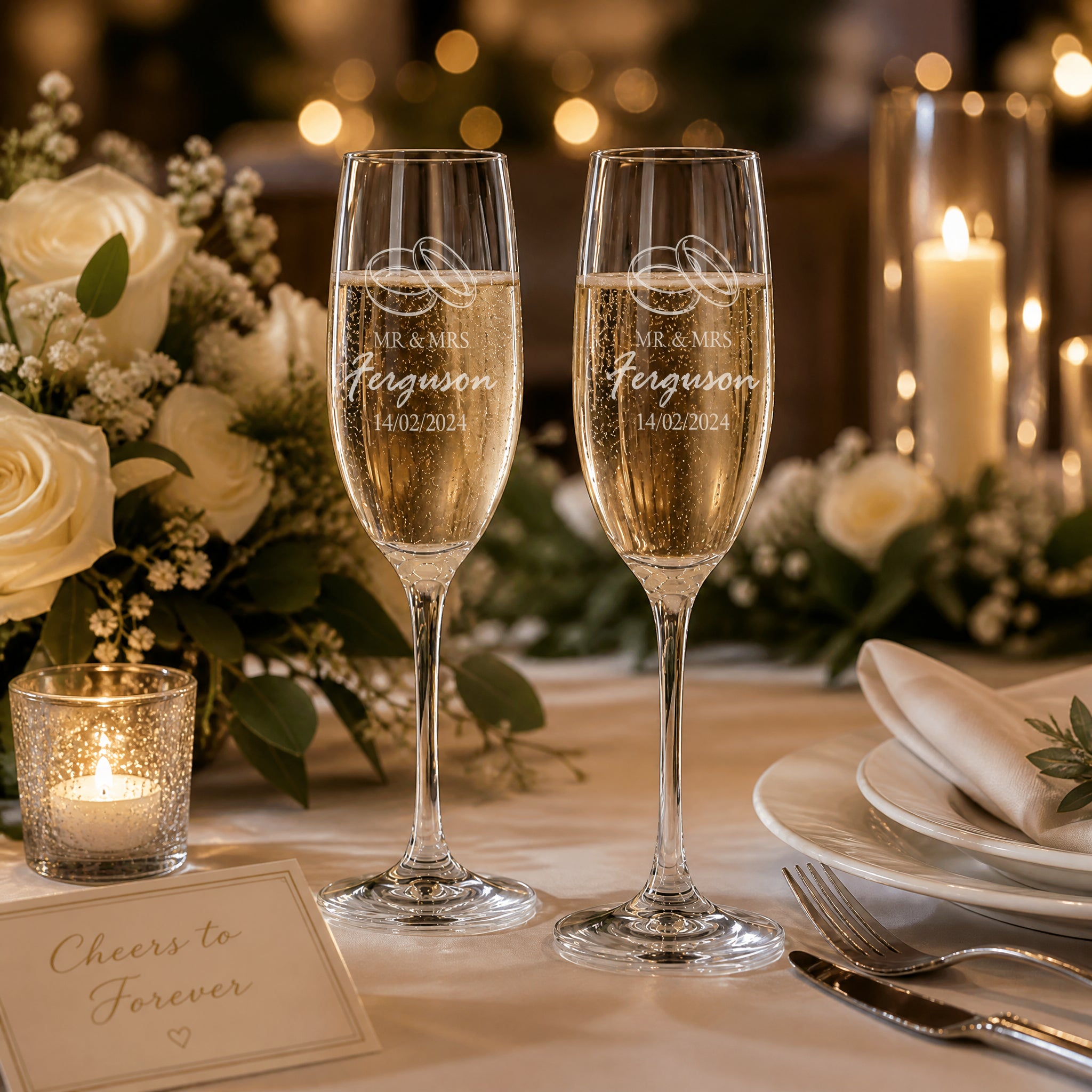 Personalised Engraved Wedding Champagne Glasses Set With Ring Emblem Personalised Champagne Glasses ukgiftstoreonline