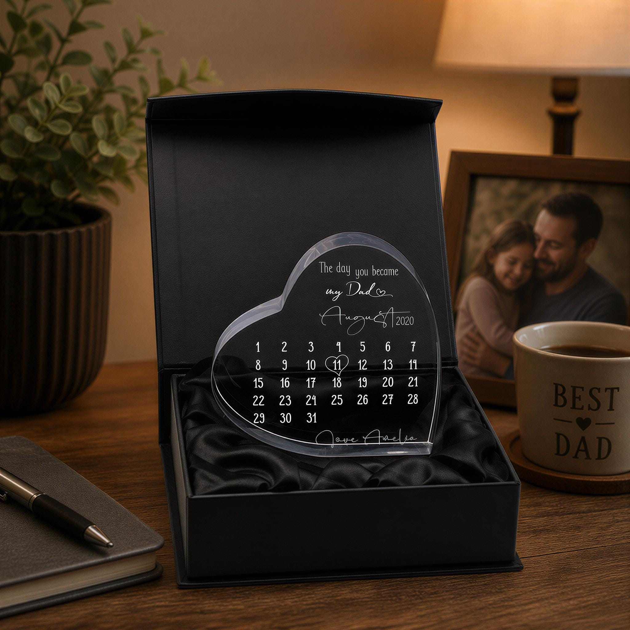 a heart-shaped calendar with a personal message, placed on a wooden desk next to a mug and a plant.