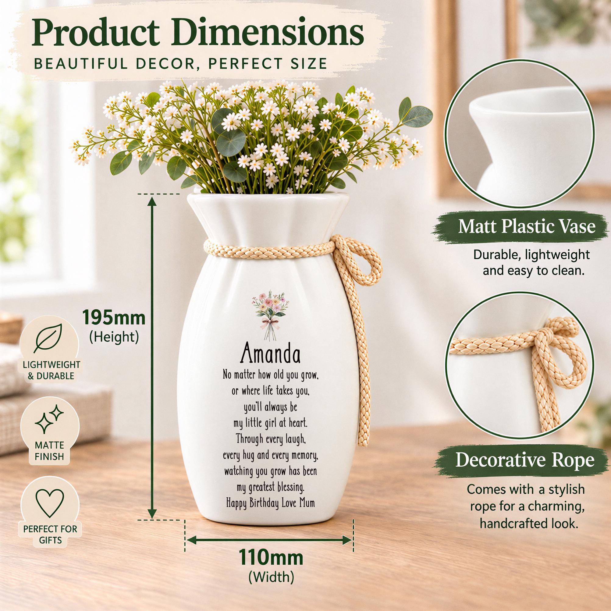 Personalised Flower Vase, Daughter Gift, Twine Detail 195X110Mm ukgiftstoreonline