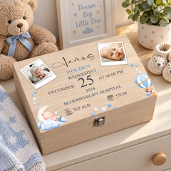 Personalised Wooden Baby Boy Memory Keepsake Box With Photos and Birth Details Keepsake Memory Box ukgiftstoreonline