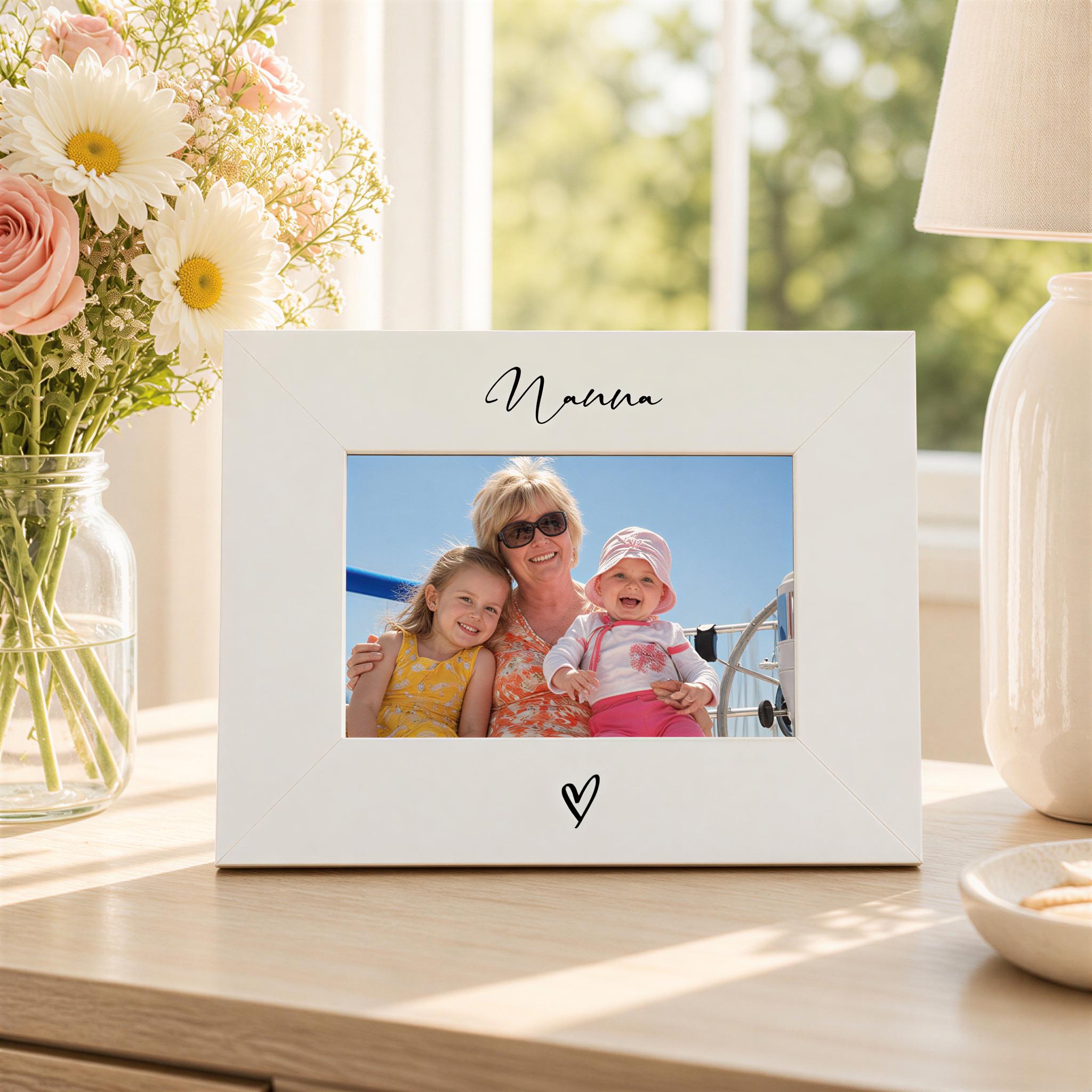 A white picture frame with a photo of a woman and two children, likely a family portrait, sits on a wooden surface. The frame has a heart symbol on the bottom right corner. In the background, there is a vase filled with white flowers and a lamp.