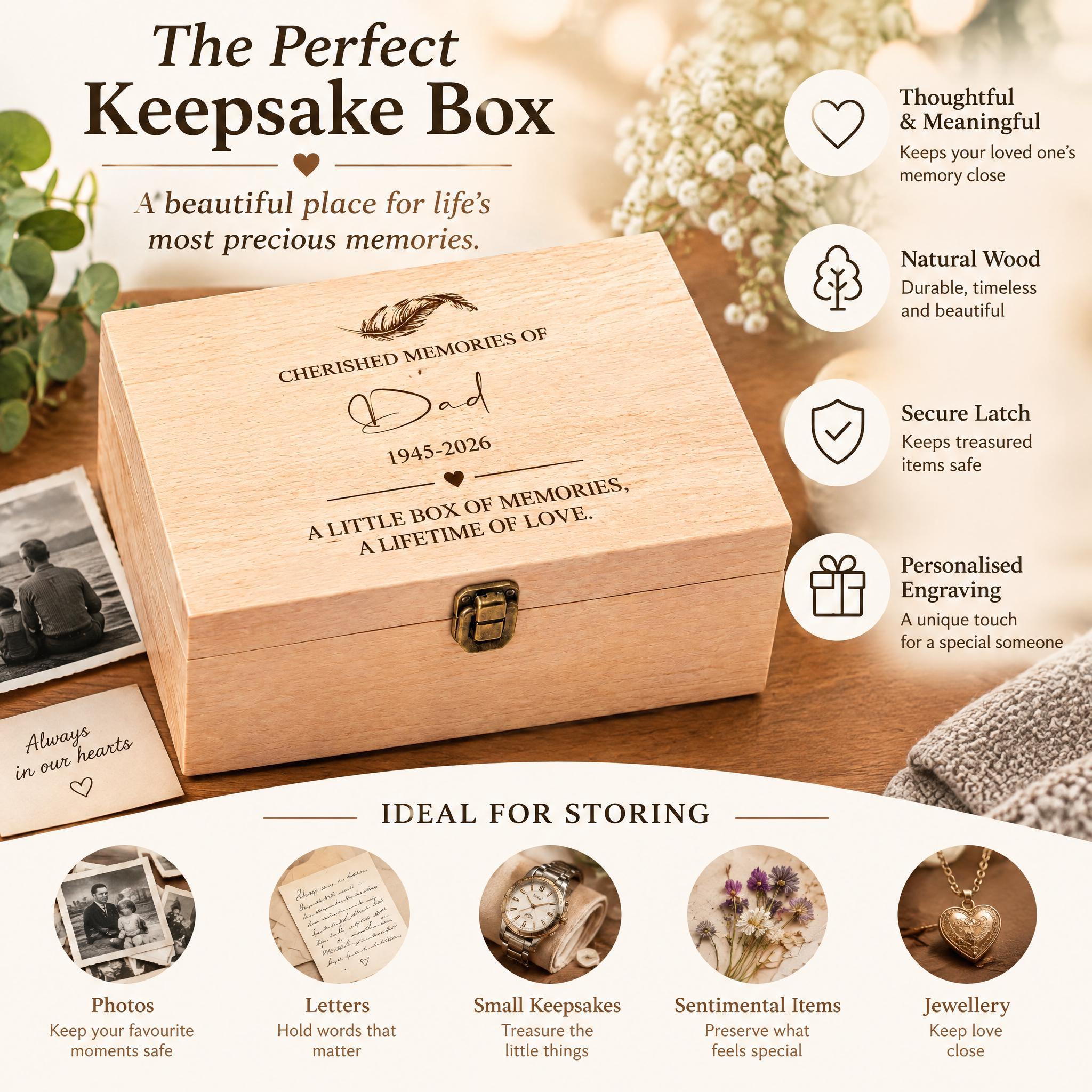 The image is an advertisement for a wooden keepsake box, highlighting its features and benefits.
