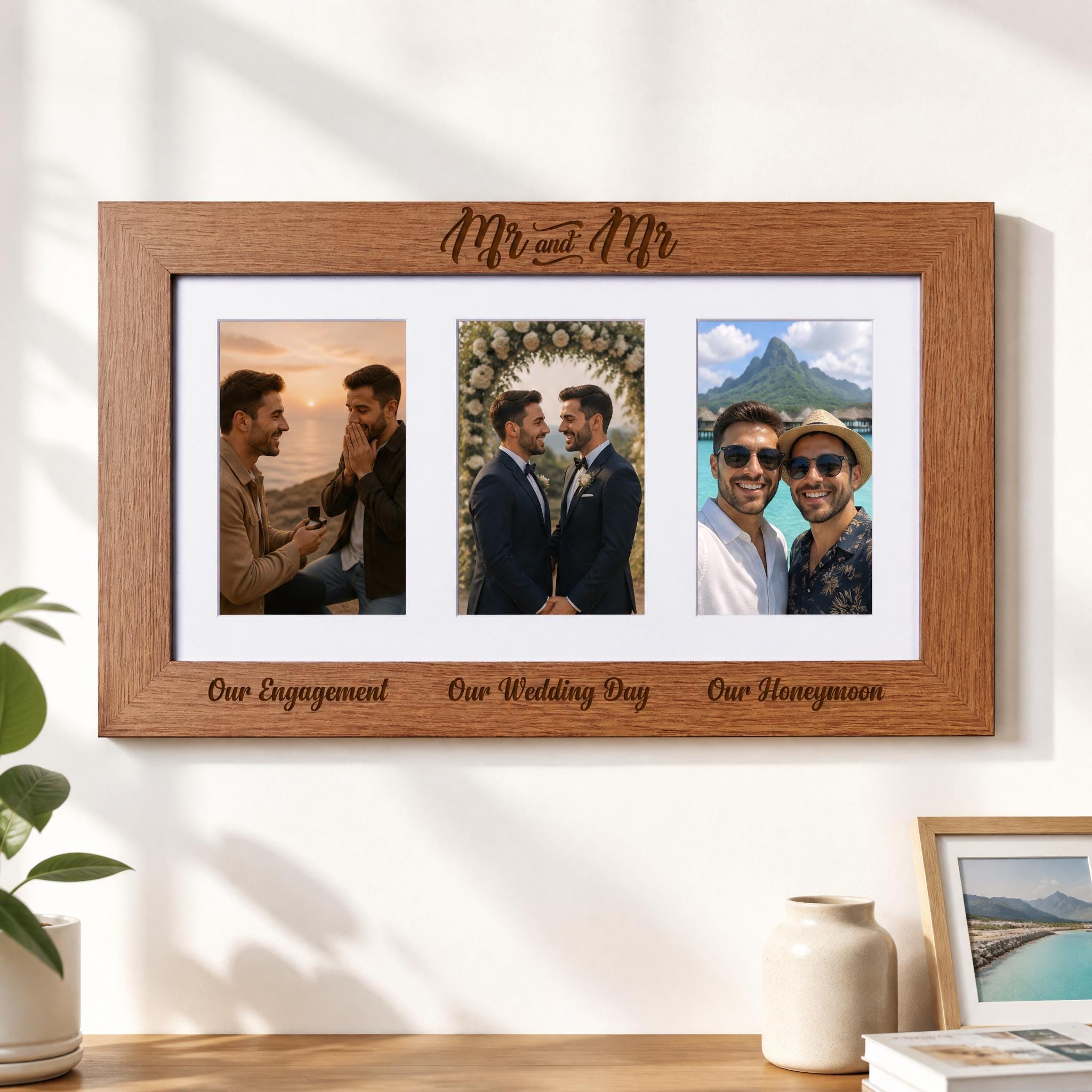 A wooden picture frame with three photographs of two men, one in a wedding dress and the other in a casual outfit, along with the text "Our Engagement, Our Wedding Day, Our Honeymoon" written on the frame.