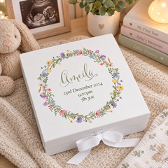 Personalised Baby Girl Memory Keepsake Box with Wildflower Wreath New Parents ukgiftstoreonline