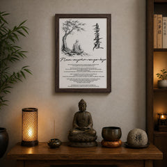 a serene and tranquil indoor setting with a wooden table adorned with various objects, including a Buddha statue, a bowl, and a candle. Above the table, there is a framed poster with a Buddhist quote and a tree illustration. The table also has a small statue of Buddha and a bowl. The overall scene conveys a sense of peace and mindfulness, with the objects on the table creating a harmonious and balanced composition.