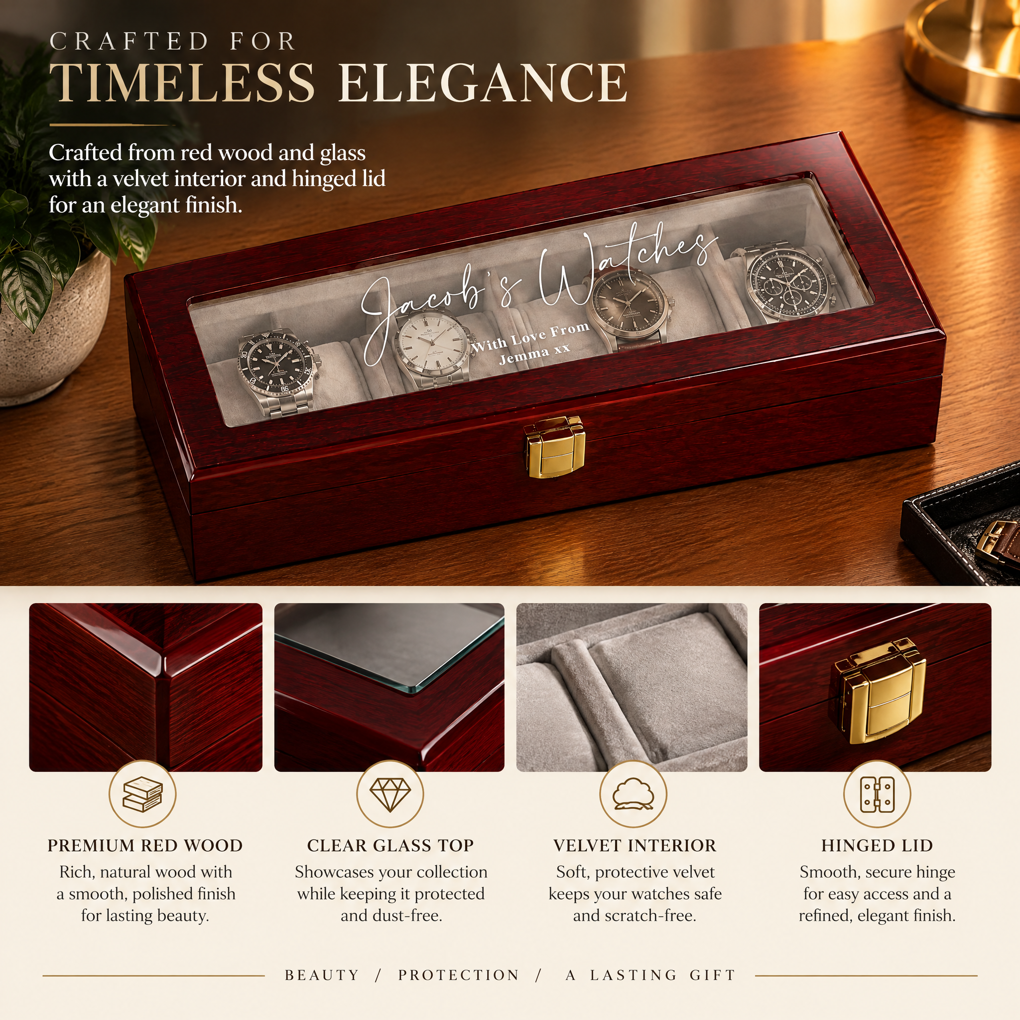 Wood Glass Watch Box, Personalised 6-Slot Red Watch Case Gift watch box ukgiftstoreonline