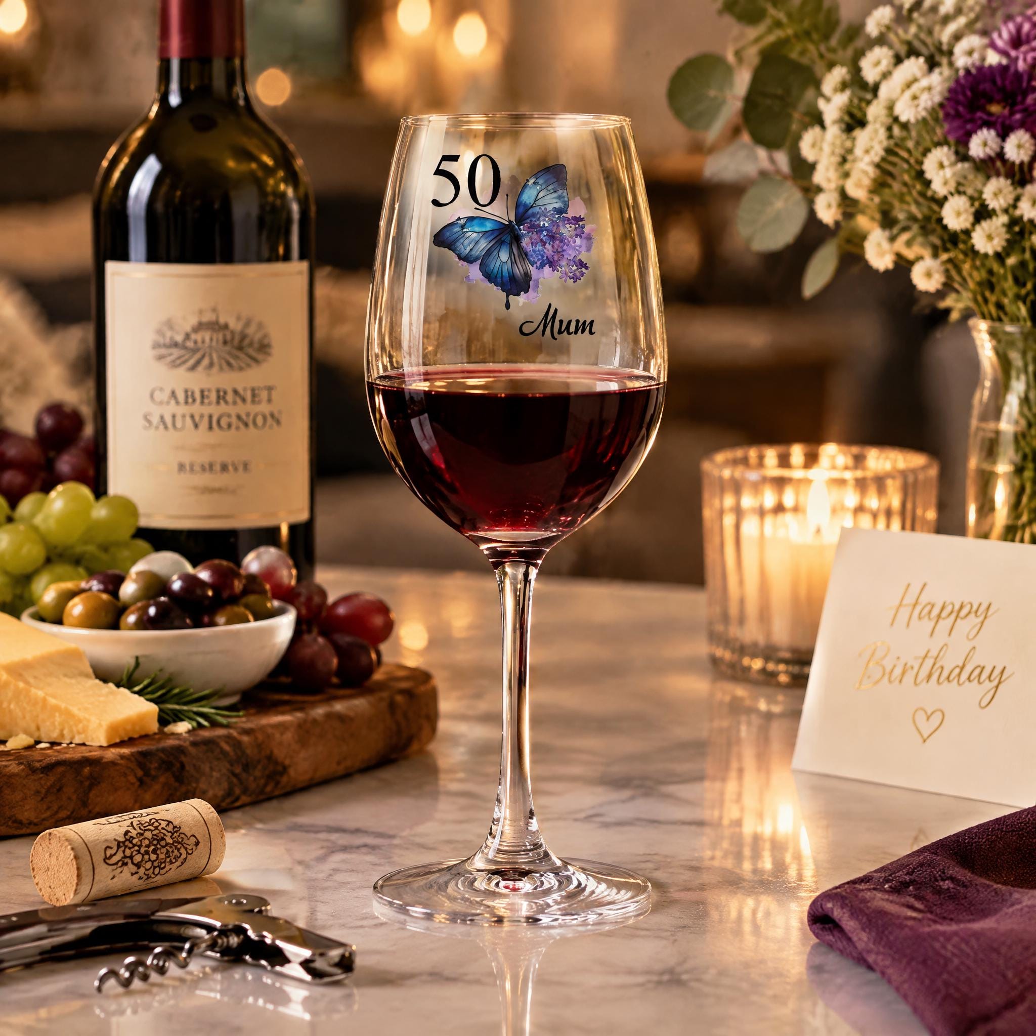 a table with a bottle of Cabernet Sauvignon wine, a wine glass with a 50th birthday message, a vase of flowers, cheese, and a corkscrew.