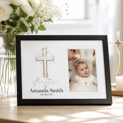 Personalised Baptism Photo Frame, Silver Cross, 6x4 Wooden Keepsake personalised photo frames ukgiftstoreonline Black