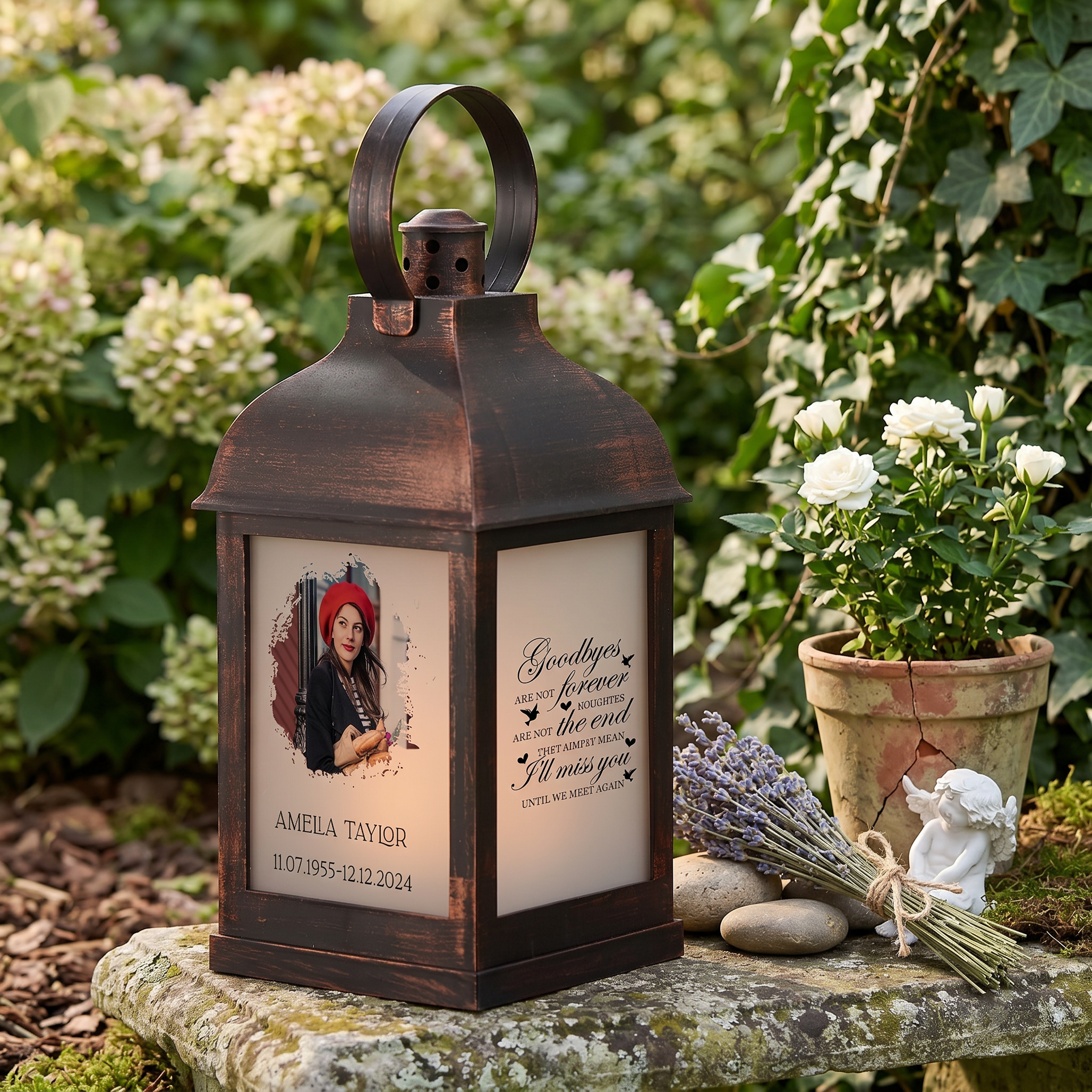 Personalised Memorial Photo Upload Lantern, Memorial Candle, Goodbyes are not forever memorial lantern ukgiftstoreonline