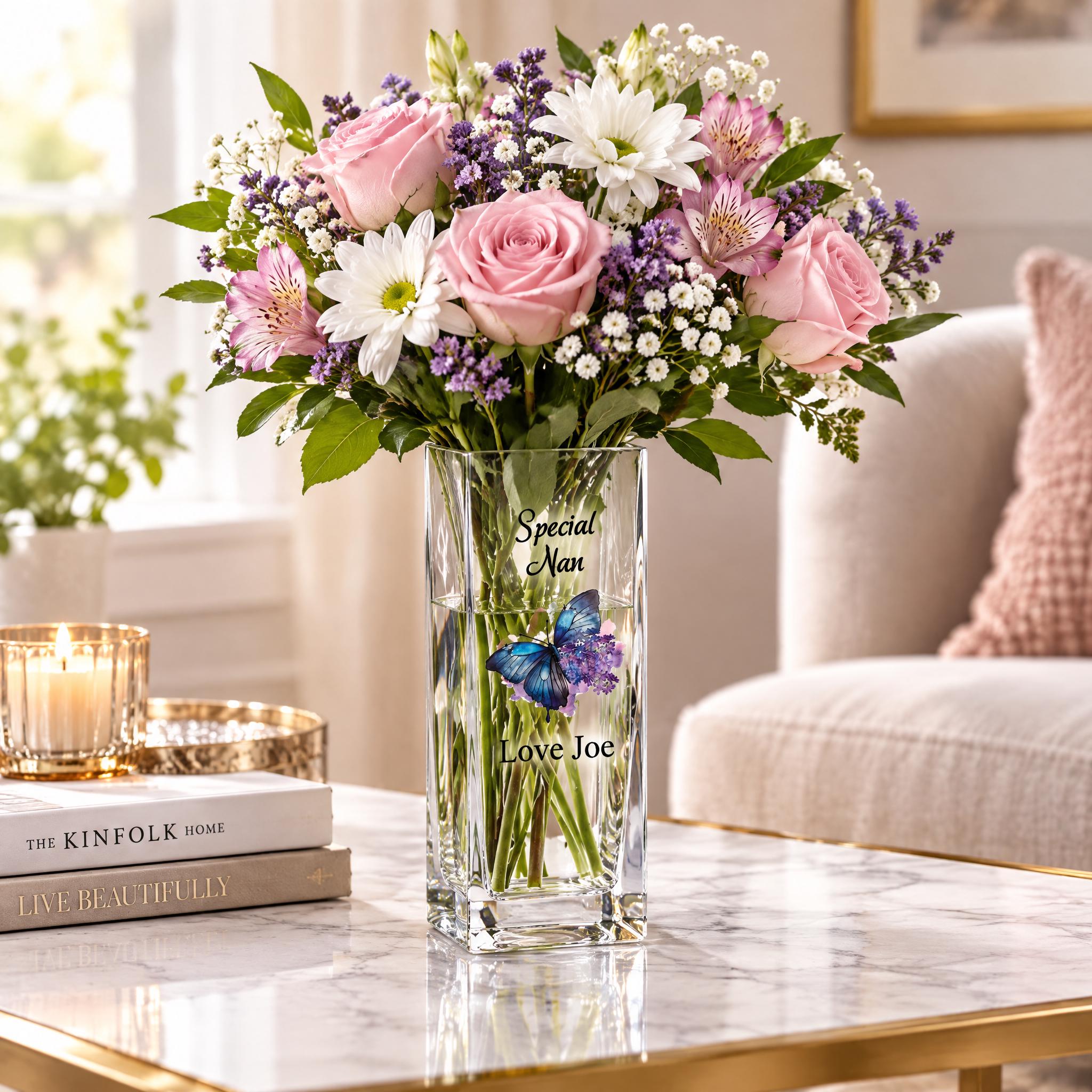 A glass vase filled with pink roses, white daisies, and purple flowers sits on a marble table, with a candle and a book nearby.