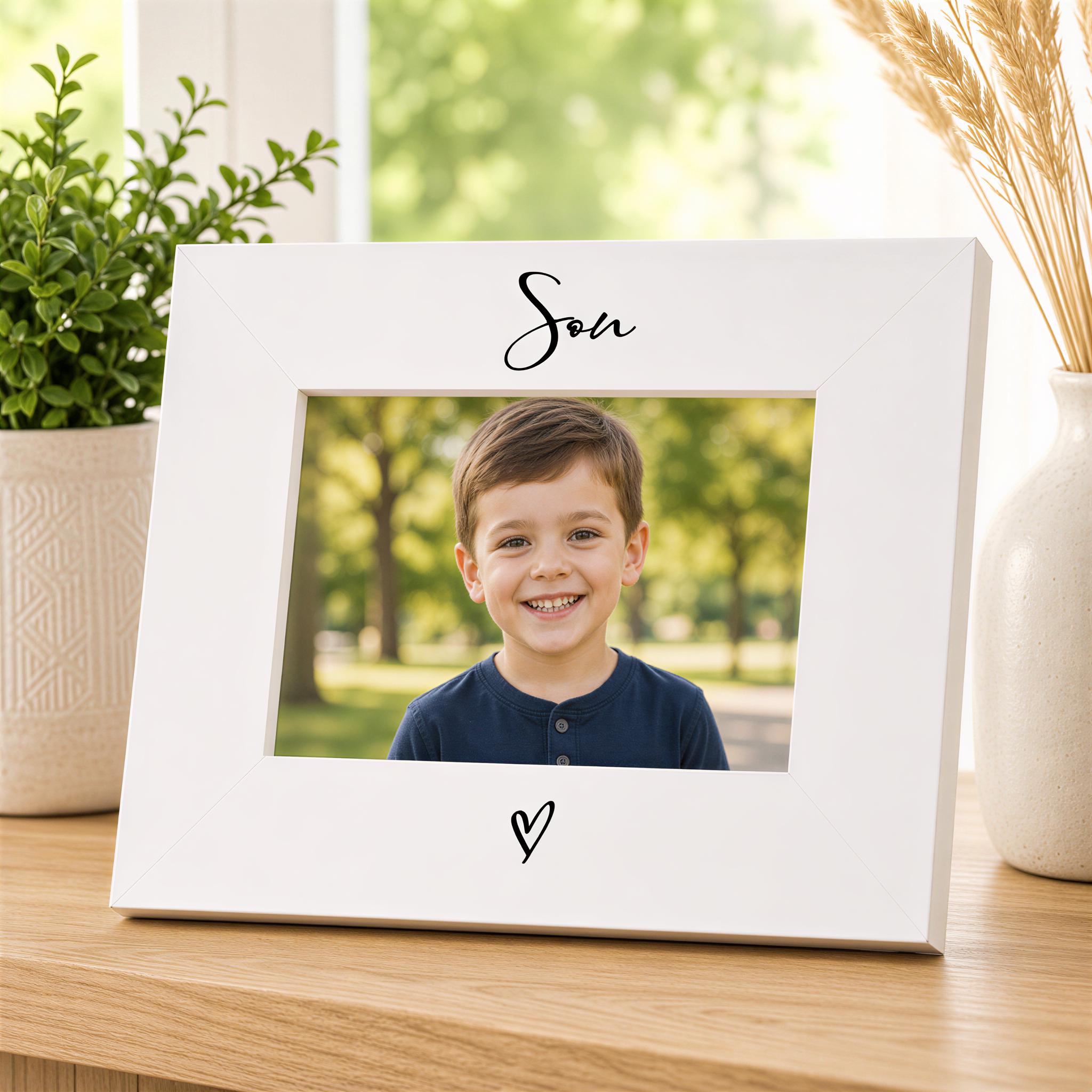 White Son Photo Frame - 6x4 Landscape Frame with Heart Detail | Wooden Gift ukgiftstoreonline