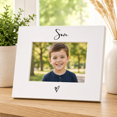 White Son Photo Frame - 6x4 Landscape Frame with Heart Detail | Wooden Gift ukgiftstoreonline