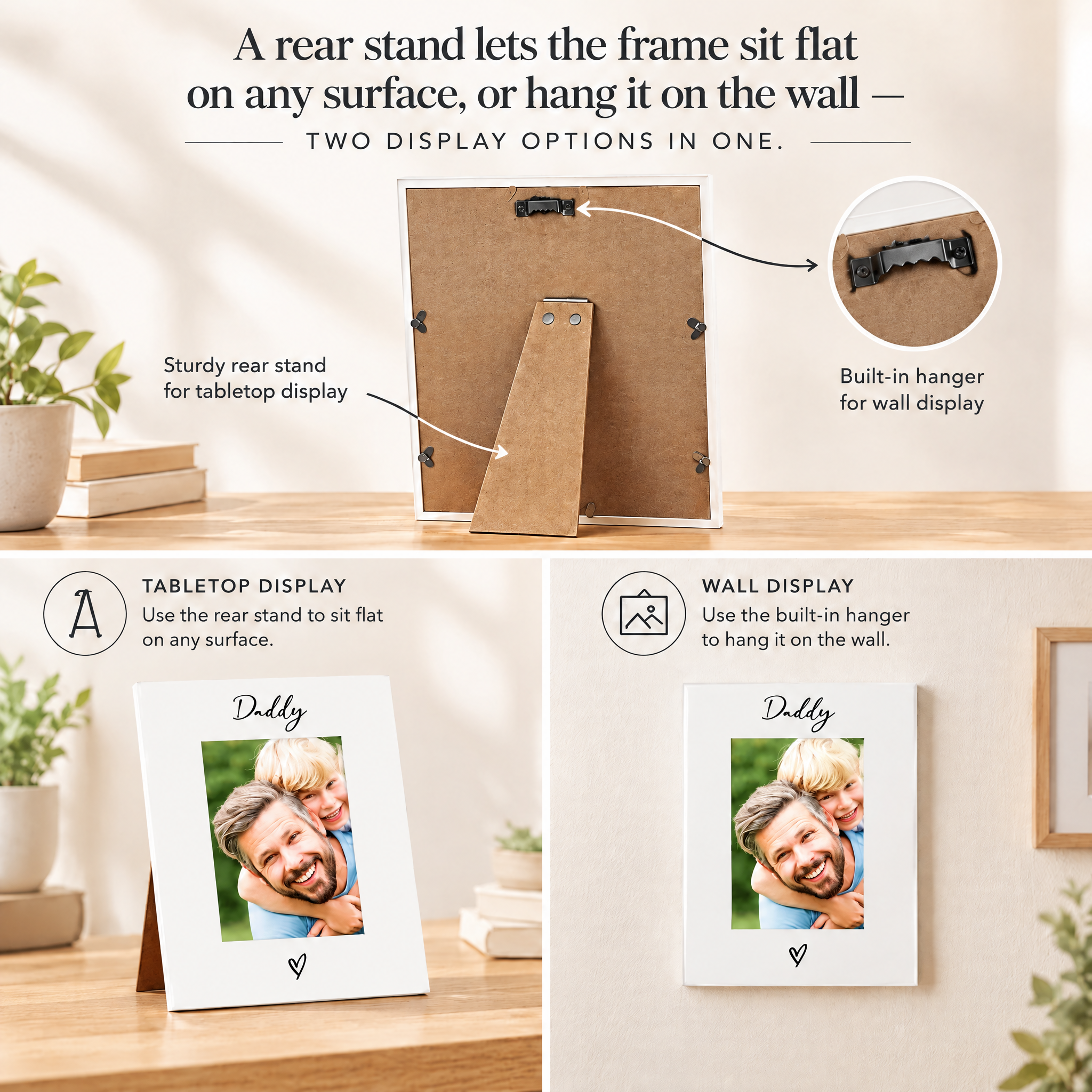 The image is a collage of three photos depicting a rear stand, a tabletop display, and a wall display. The rear stand allows for a flat surface, while the tabletop display and wall display options provide flexibility for hanging the frame on different surfaces.