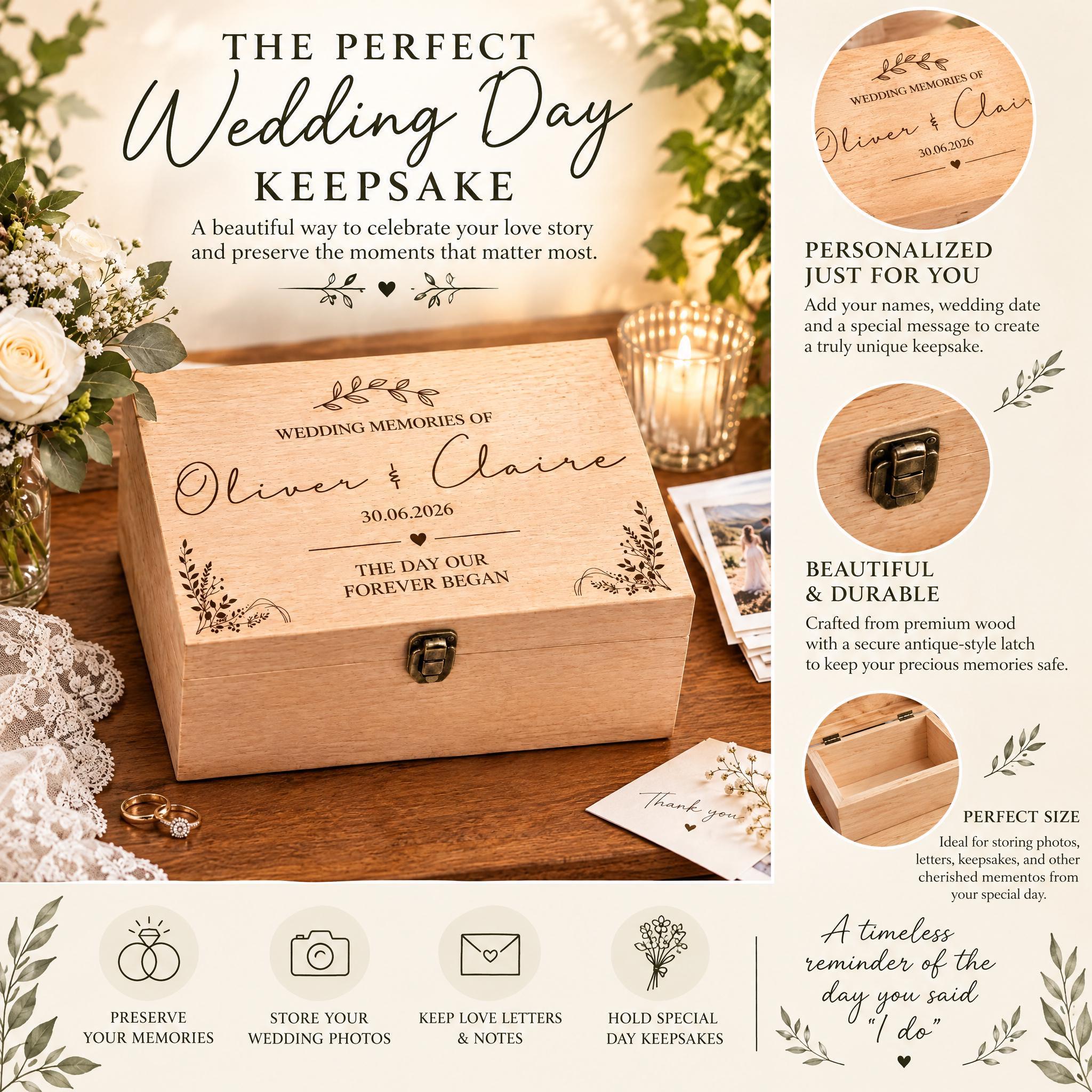 The image is an advertisement for a wooden wedding memory box, featuring a wooden box with a floral design and engraved text, along with various decorative elements such as flowers, lace, and candles.