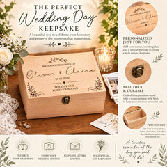 The image is an advertisement for a wooden wedding memory box, featuring a wooden box with a floral design and engraved text, along with various decorative elements such as flowers, lace, and candles.