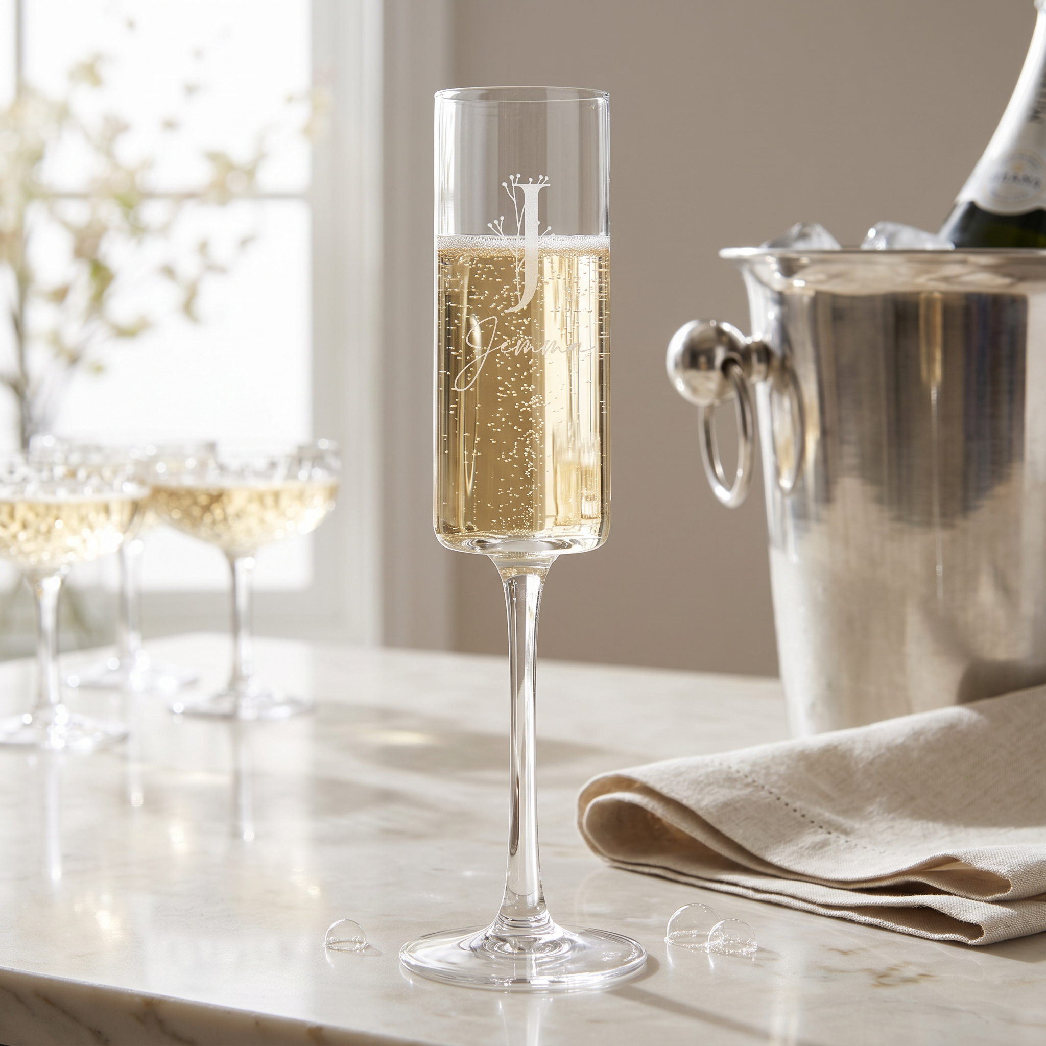 Modern & Elegant Personalised Tall Champagne Prosecco Glass Any Name and Floral Monogram Champagne Glasses ukgiftstoreonline