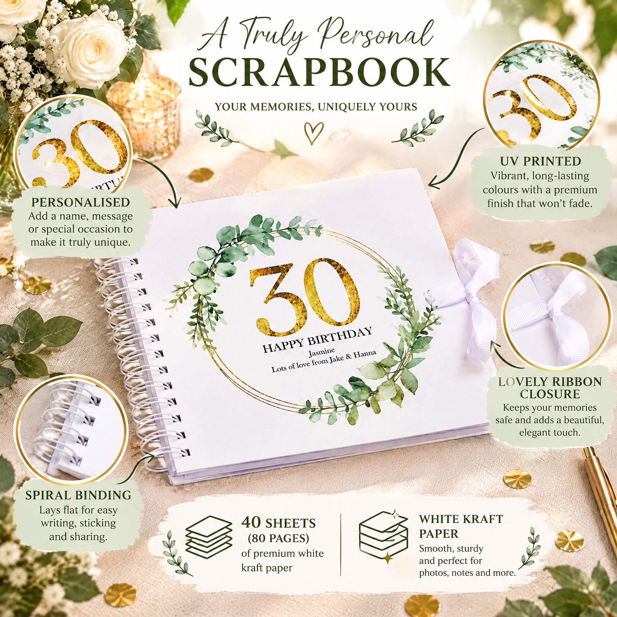 Personalised 30th Birthday Gift for her Scrapbook Photo Album Gold Wreath Design Scrapbook ukgiftstoreonline