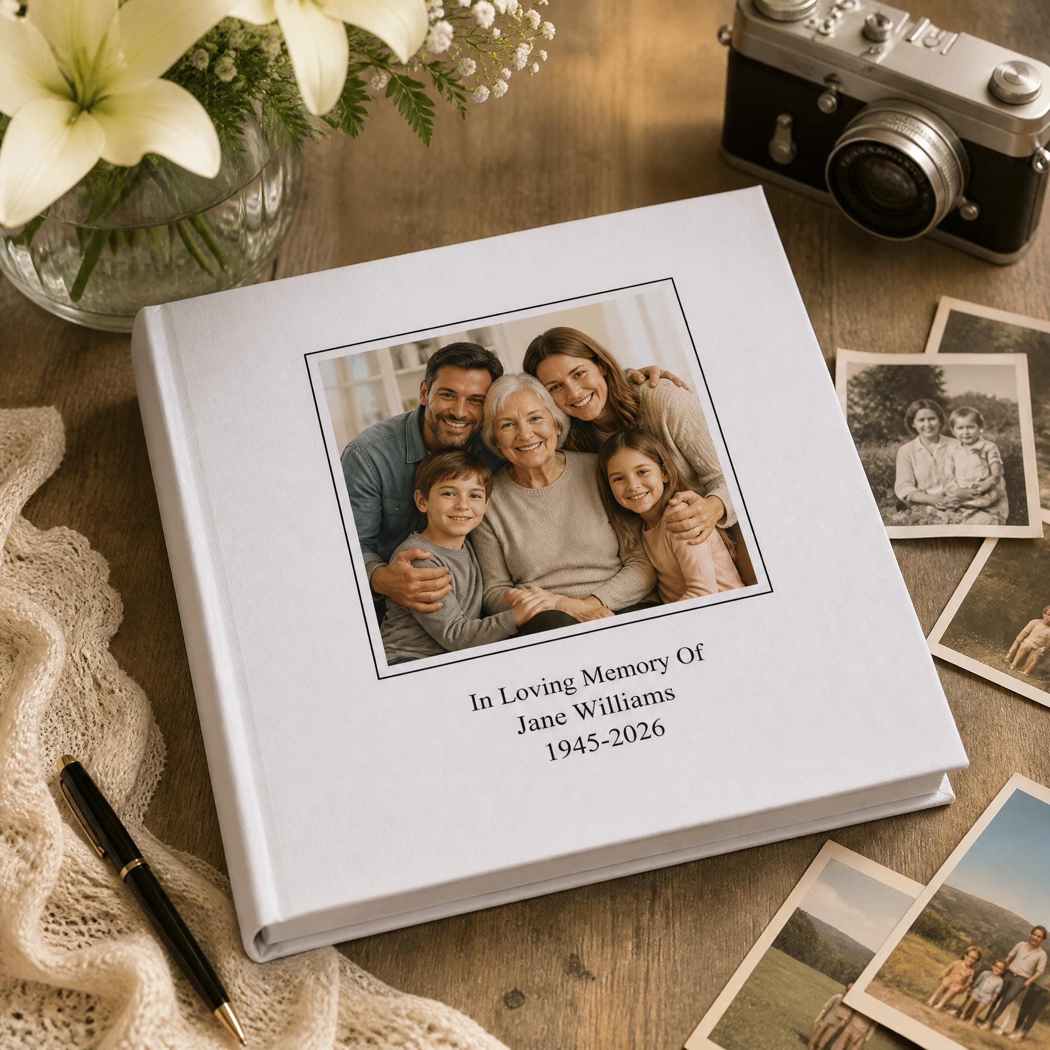 a white photo album with a family portrait on the cover, placed on a wooden surface alongside a camera and some photographs.