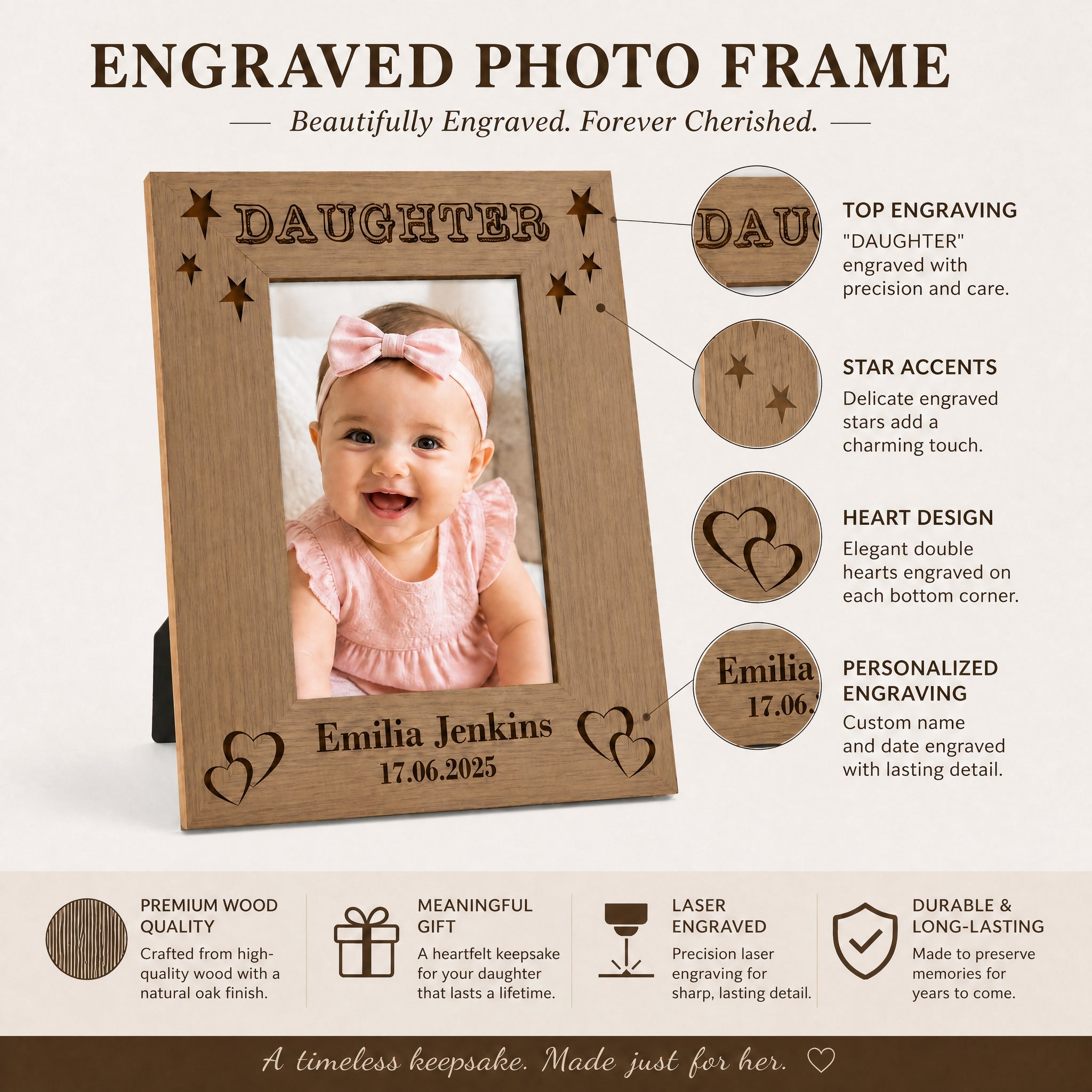 Personalised Daughter Photo Frame, Name & Birth Date Wooden Gift Photo Frame ukgiftstoreonline