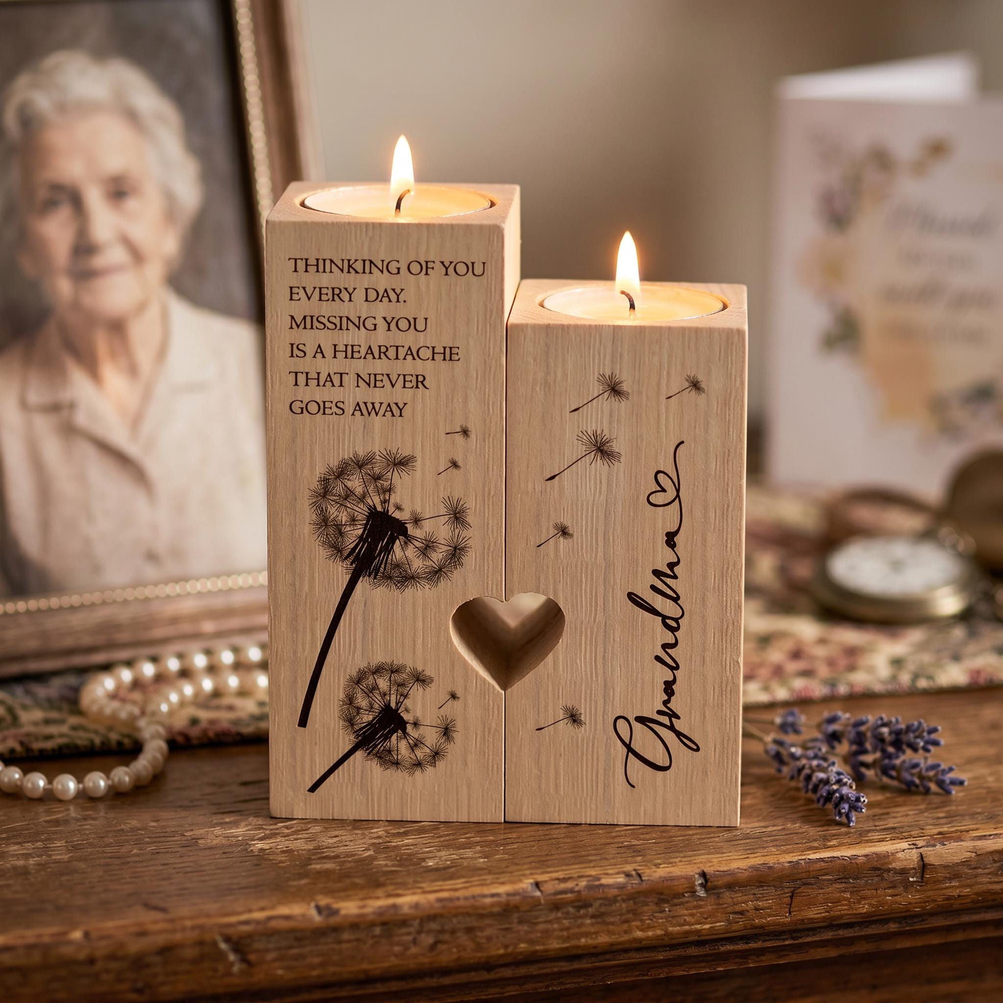 a wooden candle holder with a heart-shaped cutout, a dandelion design, and a message that reads "Thinking of you every day, missing you is a heartache that never goes away". The candle holder is placed on a wooden surface, with a framed photo of an elderly woman in the background.