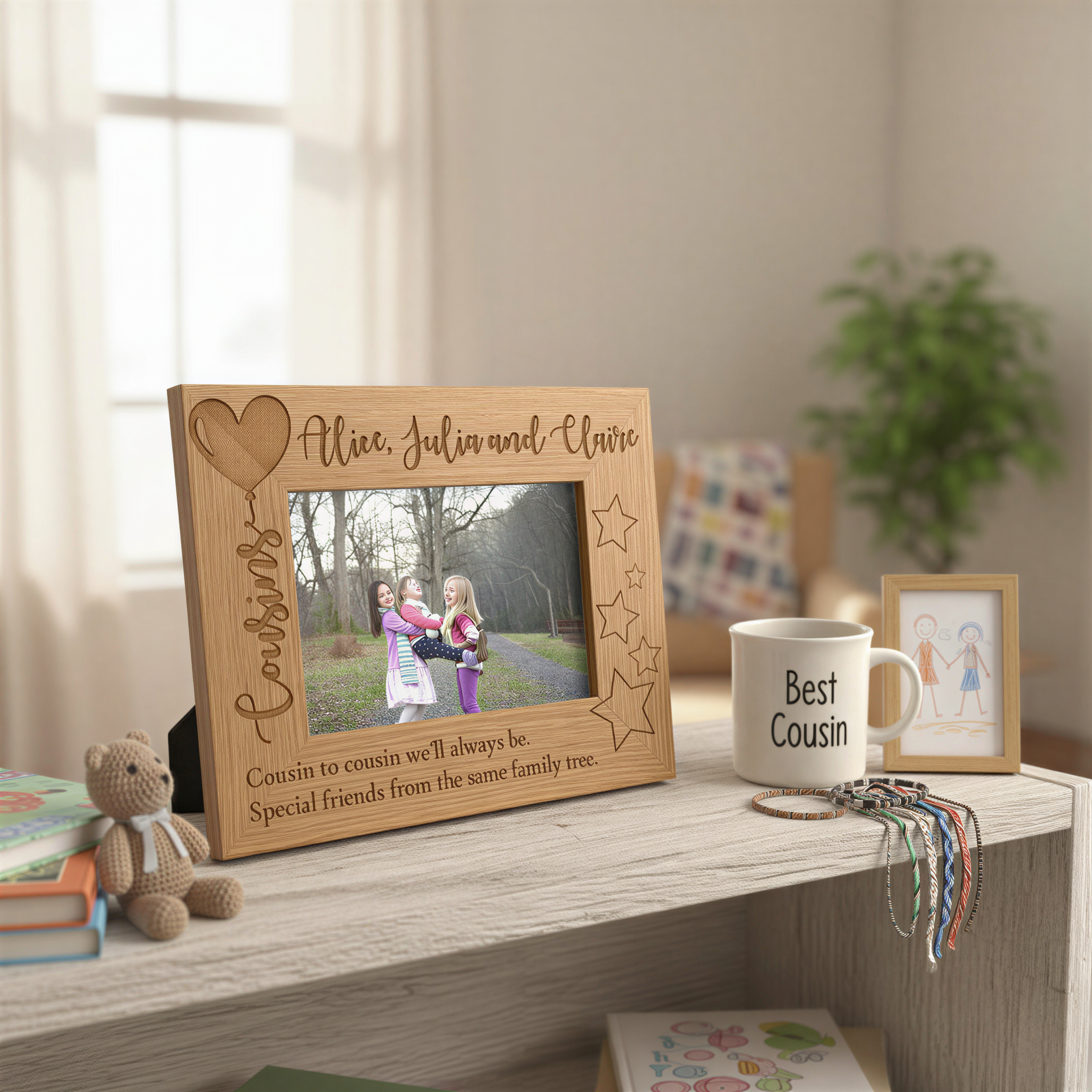 Personalised Cousins Engraved Wooden Photo Frame Balloon Design Photo Frame ukgiftstoreonline