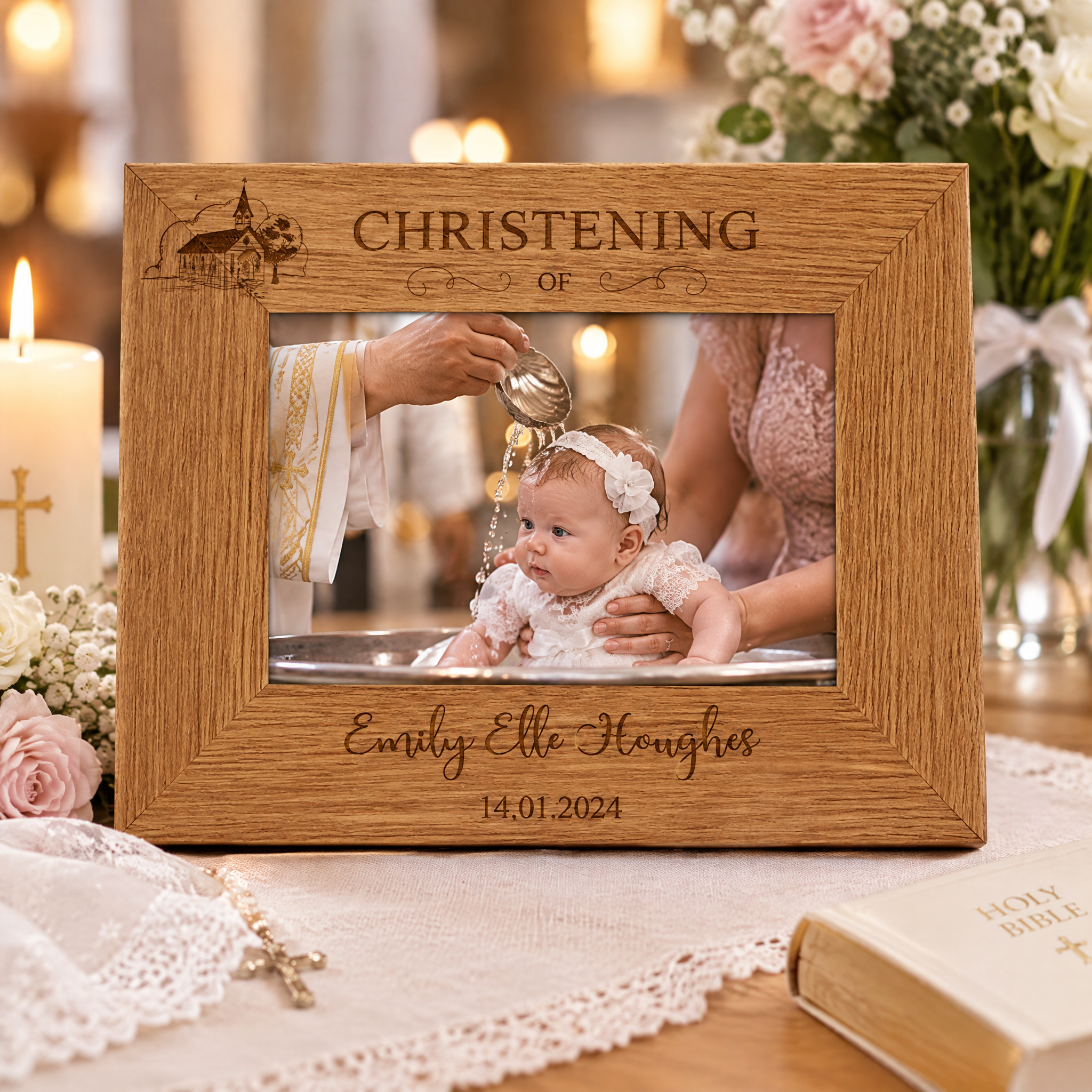 Personalised Engraved Wooden Christening Photo Picture Frame Landscape With Church Sketch Photo Frame ukgiftstoreonline