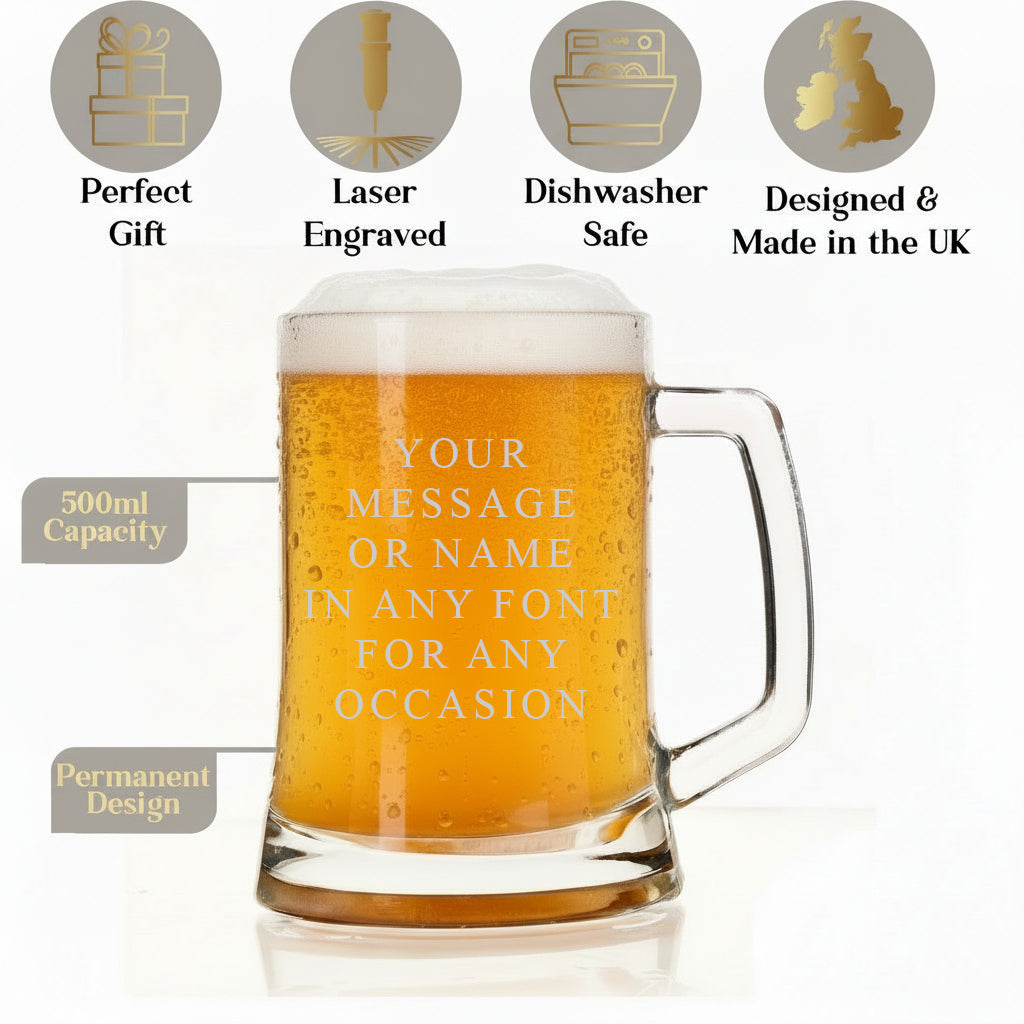 Personalised Engraved Beer Stein Glass, 510ml Capacity, Laser Engraved, Dishwasher Safe, Gift Boxed personalised beer glasses ukgiftstoreonline