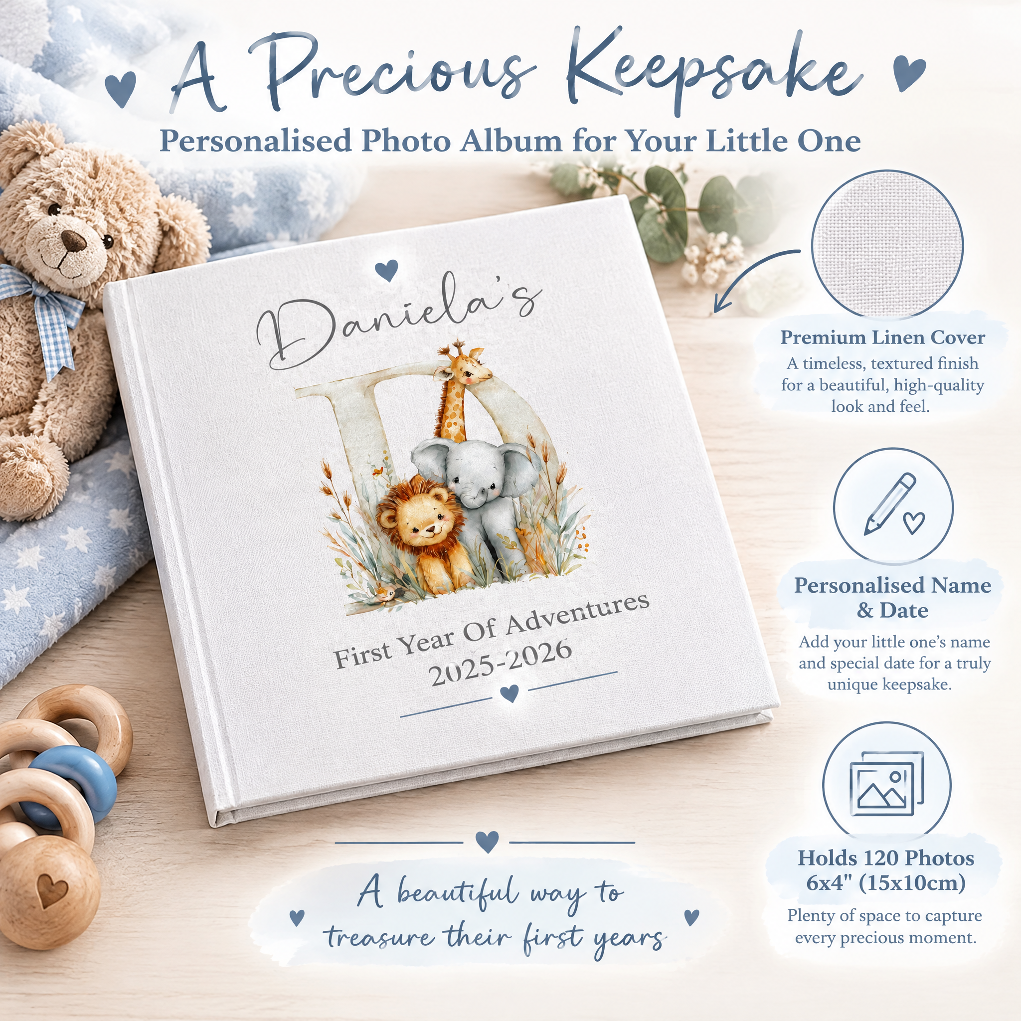 Large Personalised Book Bound Baby's First Year of Adventures Photo Keepsake Album Memory Book photo album ukgiftstoreonline