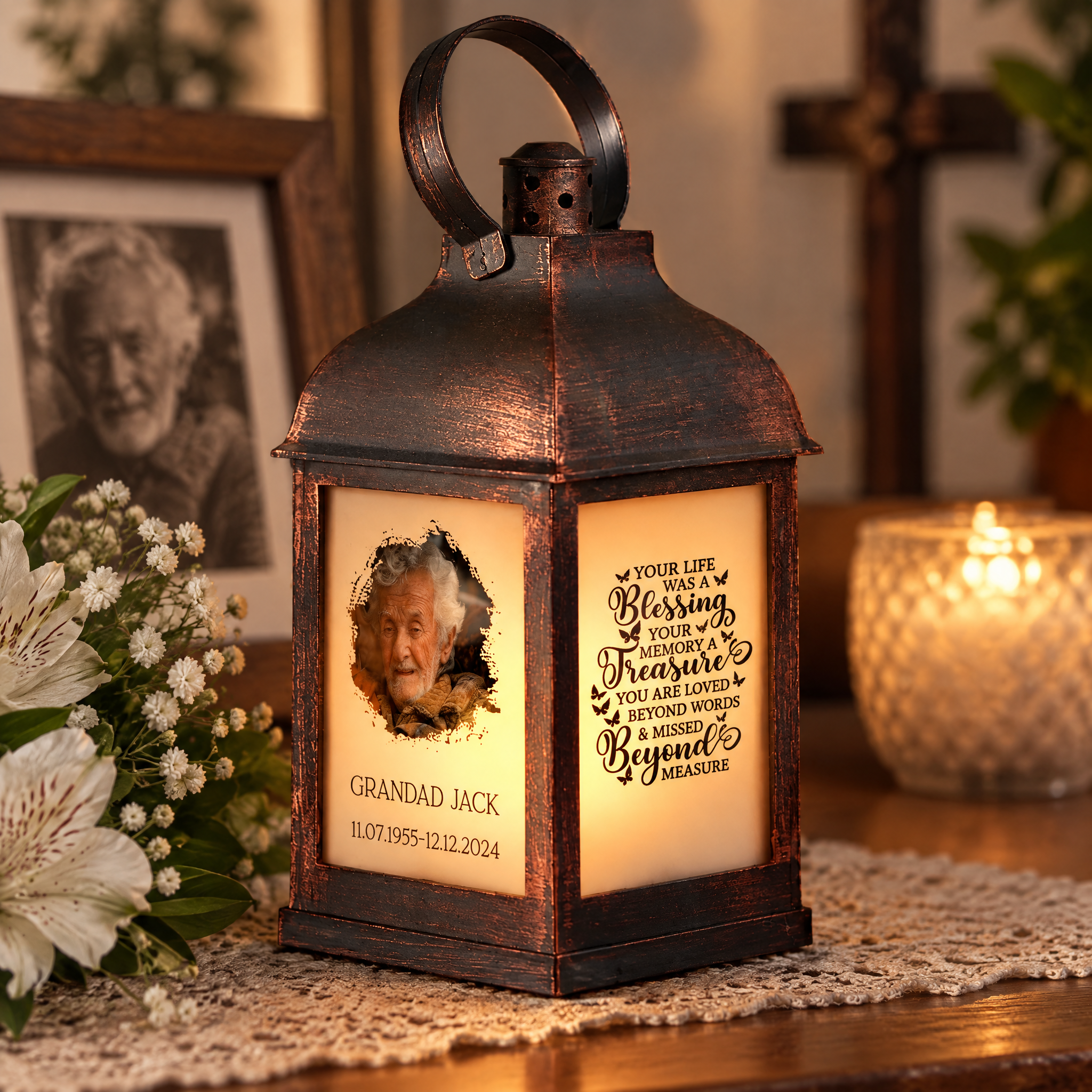 Personalised Memorial Photo Upload Lantern, Memorial Candle, Your Life Was A Blessing memorial lantern ukgiftstoreonline