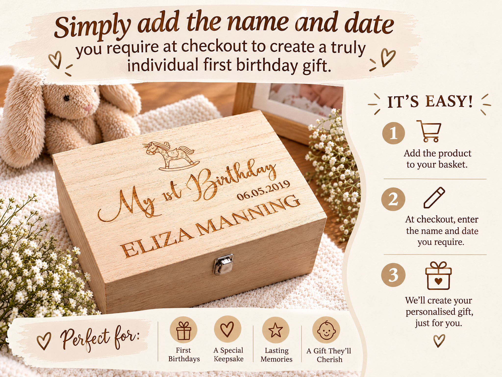 Personalised Large Girl's First Birthday Gift Keepsake Box Engraved Keepsake Memory Box Raised Words