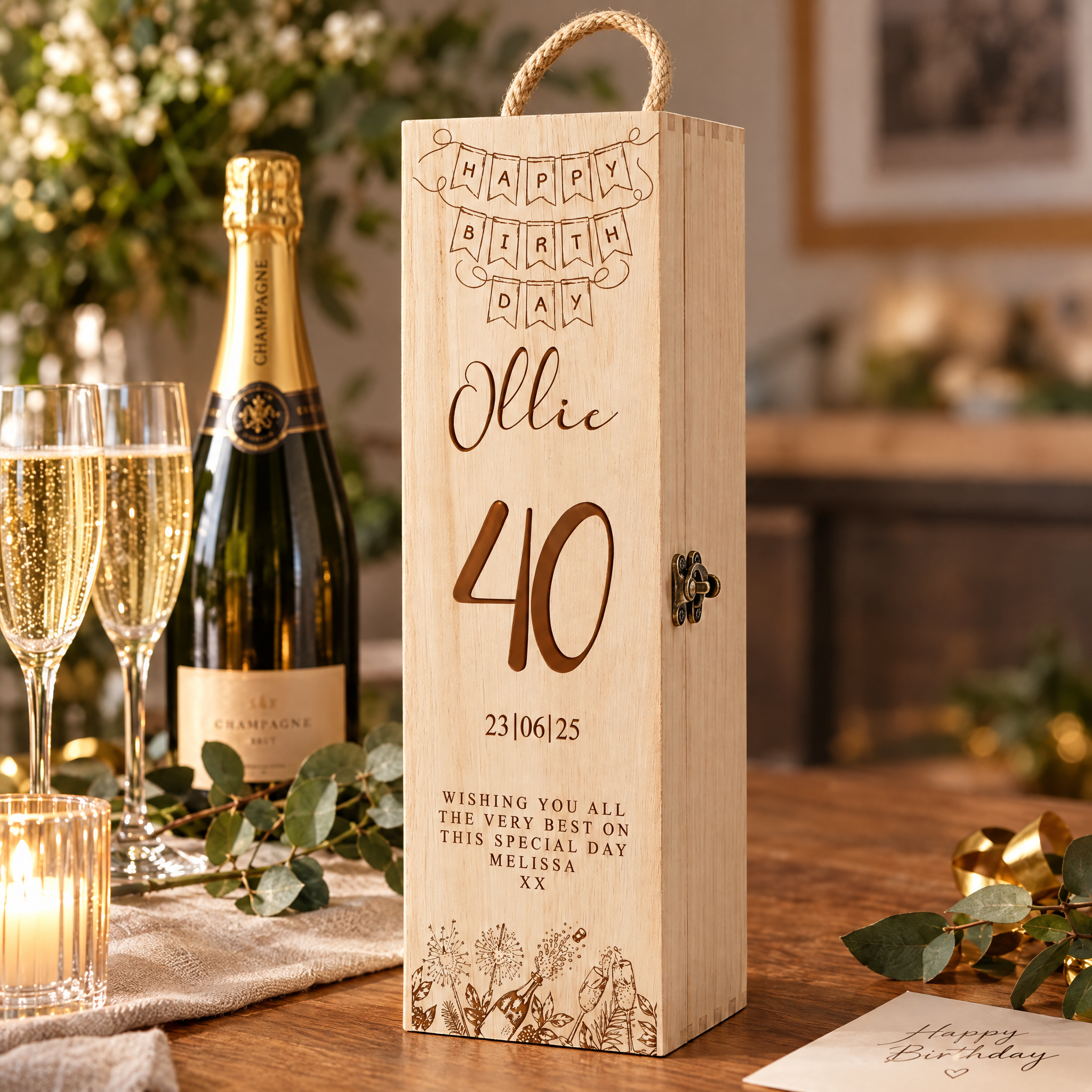 Personalised Engraved Birthday Wooden Wine or Champagne Box Gift 18th, 21st, 30th, 40th, 50th 60th, 70th Champagne Bottle Holder ukgiftstoreonline