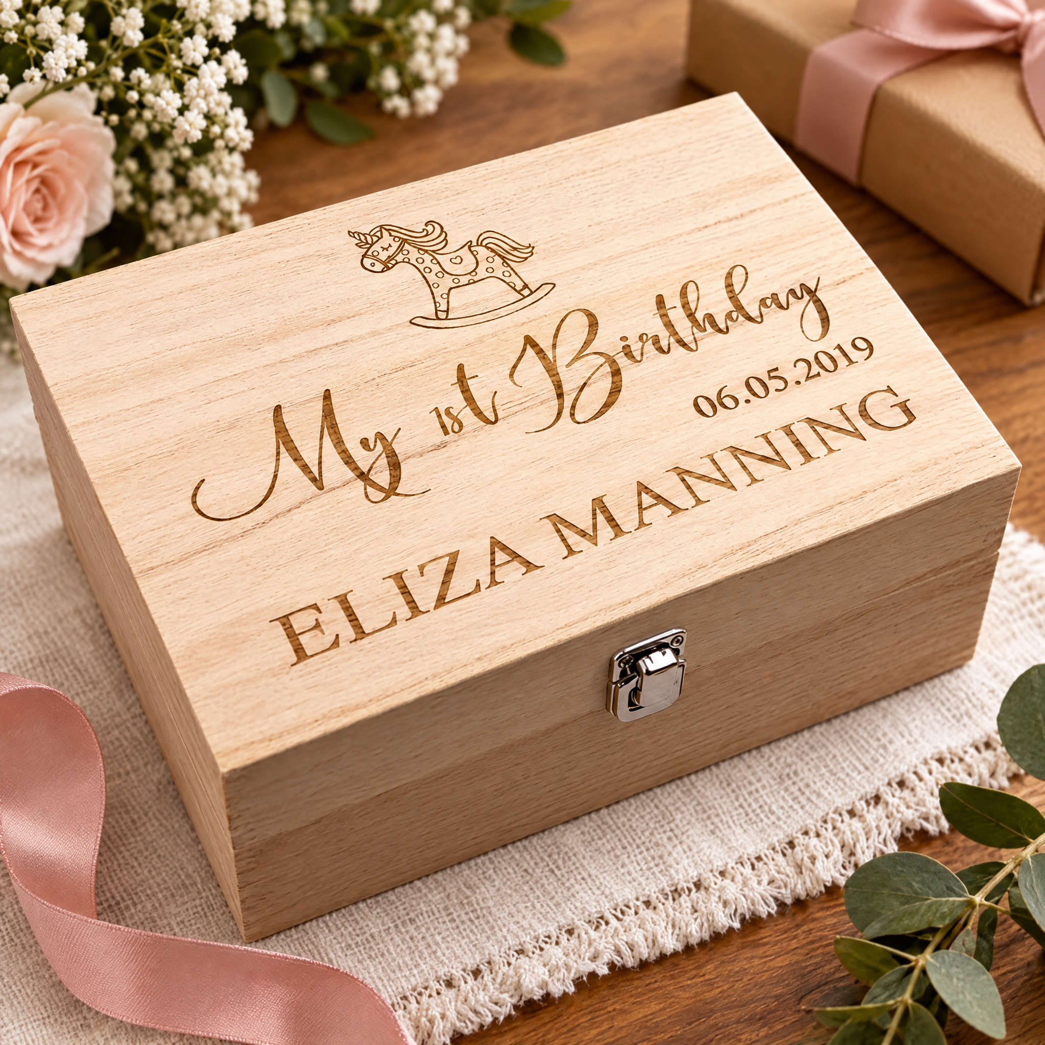 Personalised Large Girl's First Birthday Gift Keepsake Box Engraved Keepsake Memory Box Raised Words