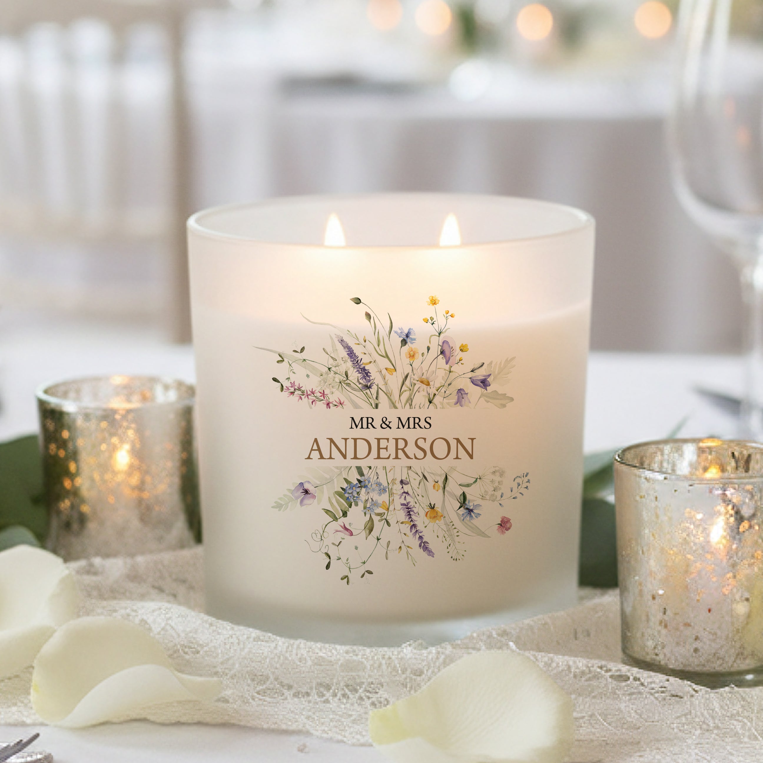 Personalised Wedding Candle – Large Floral Scented Candle Gift With Wildflower Design personalised Candle Lights ukgiftstoreonline