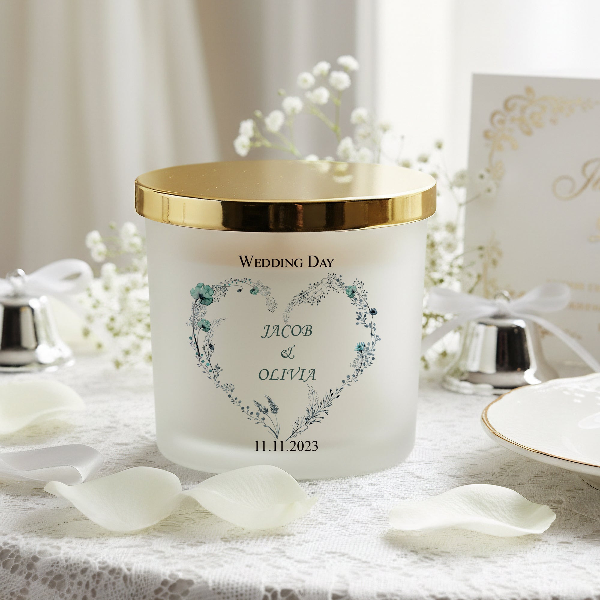 Personalised Large Double Wick Wedding Candle Gift With Dusty Blue Heart personalised Candle Lights ukgiftstoreonline