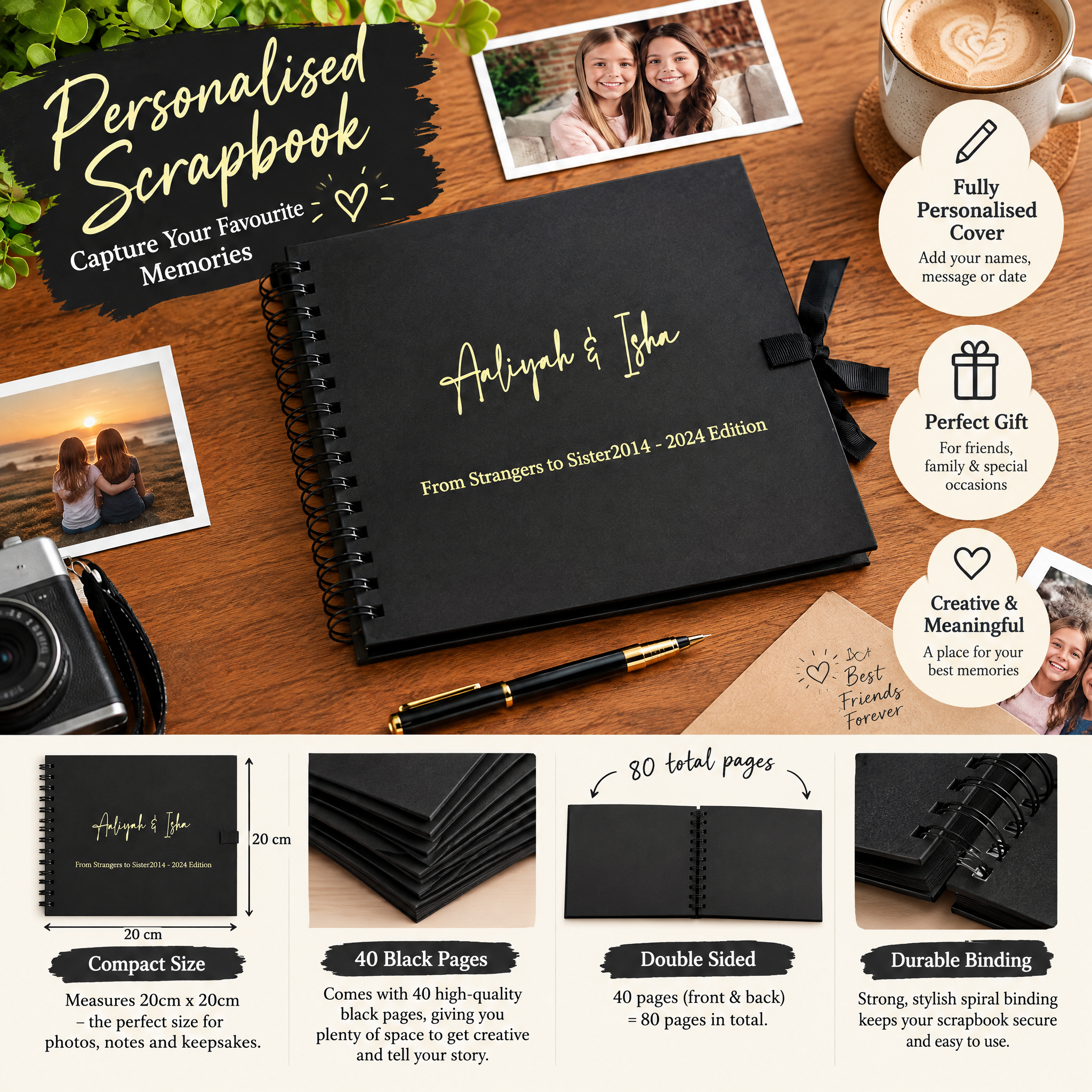 Personalised Any Name and Text Black Scrapbook Photo album Gold Print Scrapbook ukgiftstoreonline