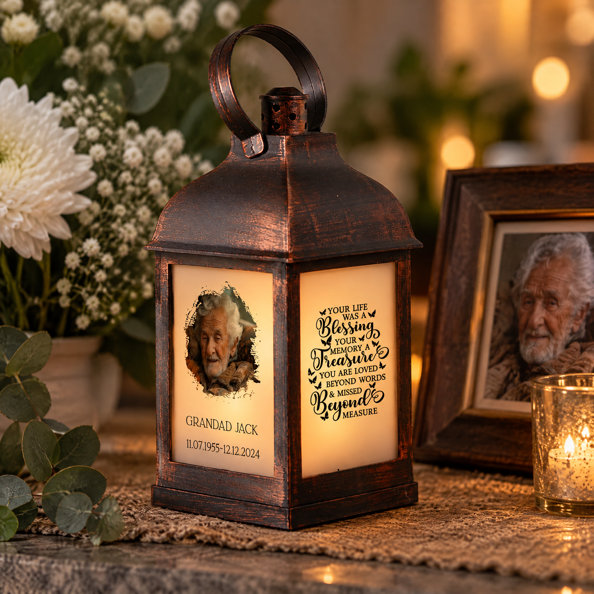 Personalised Memorial Photo Upload Lantern, Memorial Candle, Your Life Was A Blessing memorial lantern ukgiftstoreonline