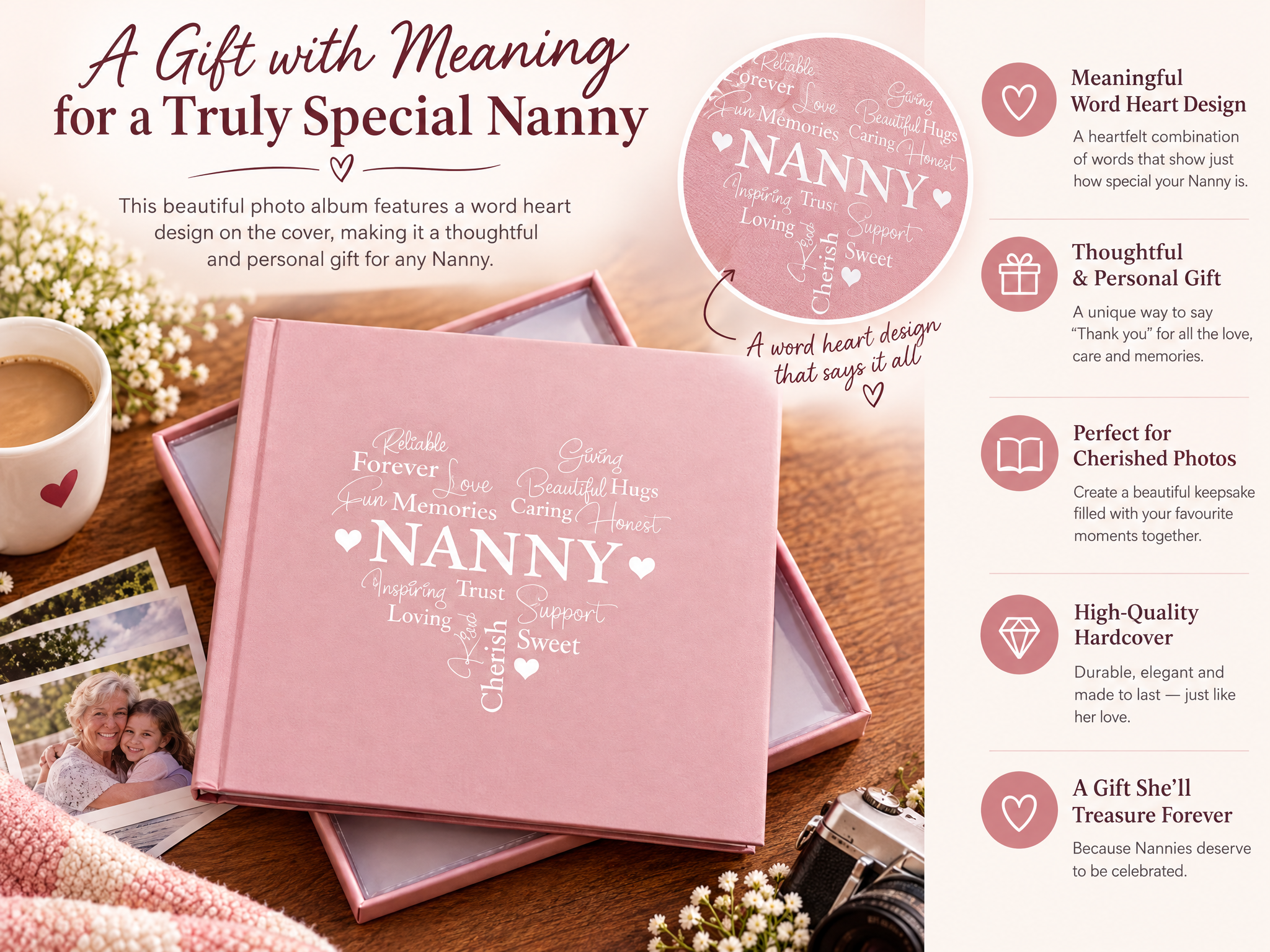 Nanny Word Heart Pink Photo Picture Album 50 x 6"x4" Nanny Photo Album ukgiftstoreonline