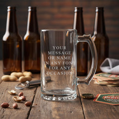 Personalised Engraved Beer Stein with Thumb Handle, 520ml Capacity, Laser Etched Glass Mug, Dishwasher Safe, Gift Box, 150mm High personalised beer glasses ukgiftstoreonline