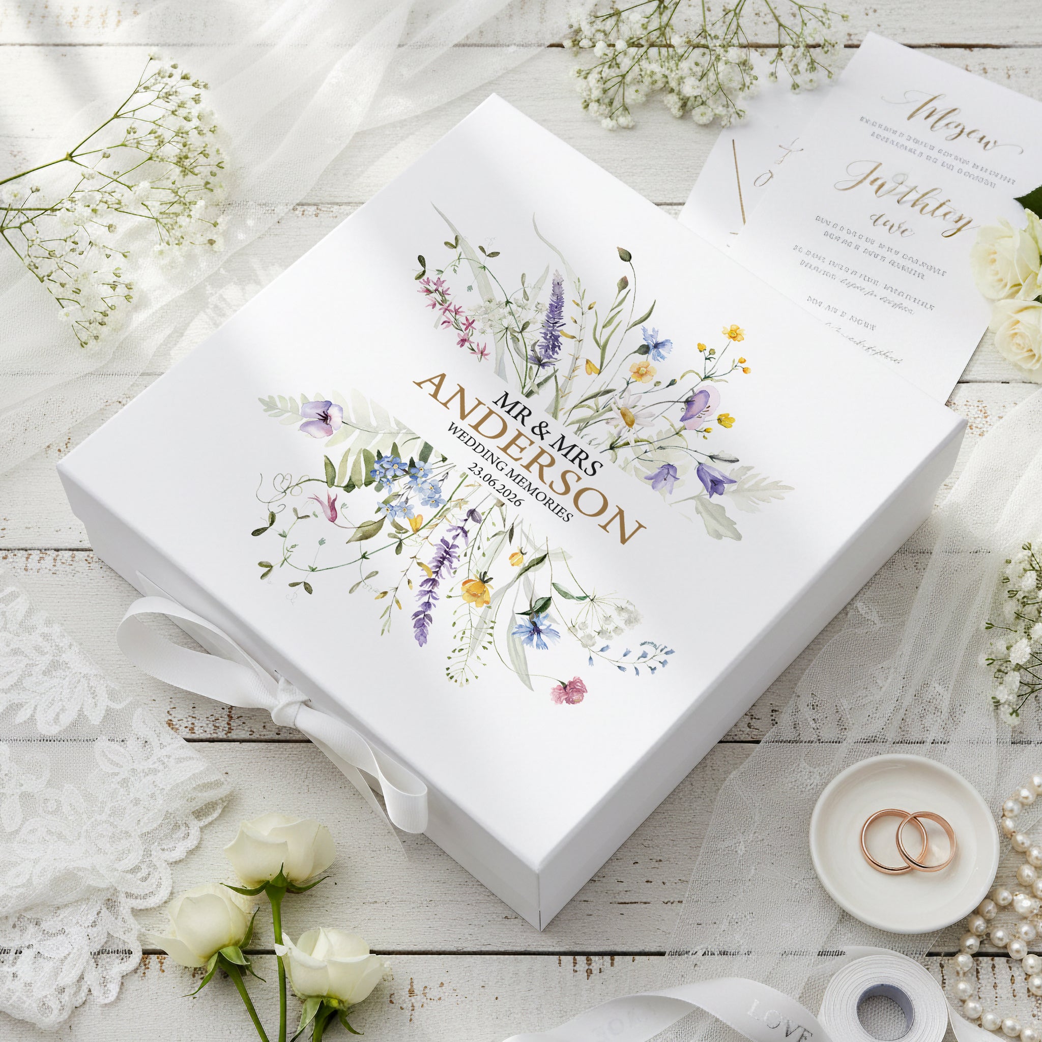 Personalised Wedding Keepsake Box – Elegant Floral Design With Wildflower Prints ukgiftstoreonline Ribbon Box Medium