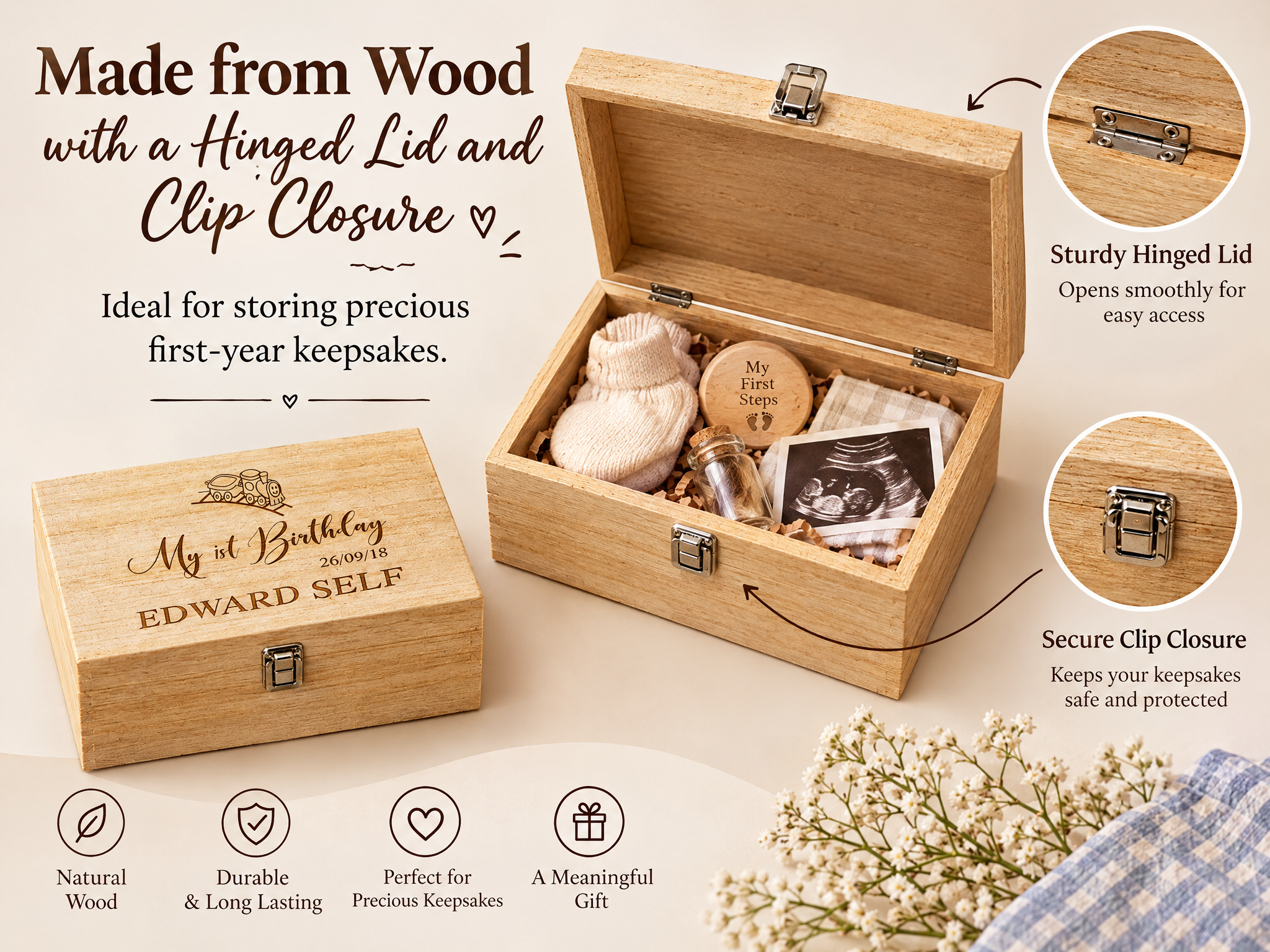 Personalised Large Boy's First Birthday Gift Keepsake Box Engraved Personalised Birthday Gift Raised Words