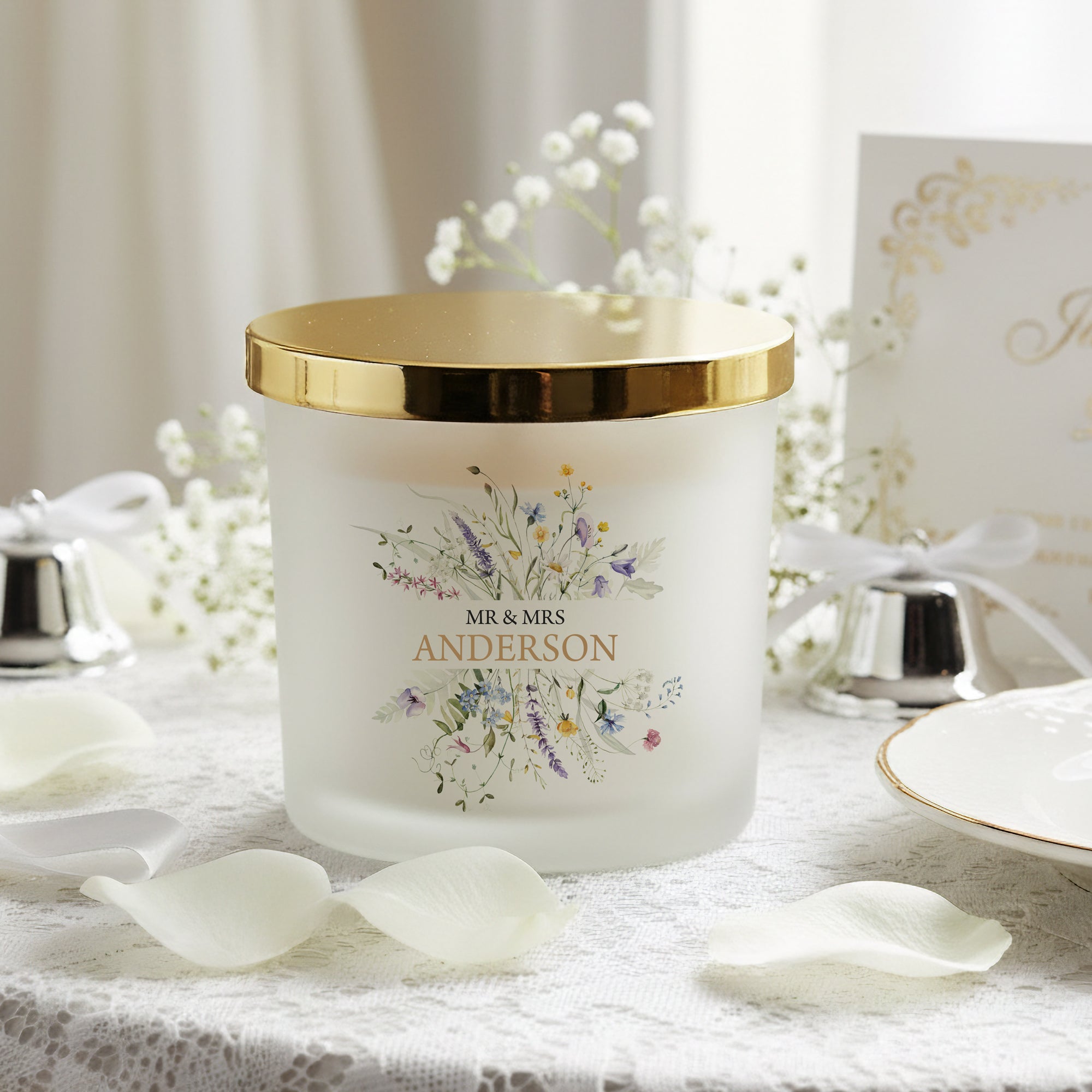 Personalised Wedding Candle – Large Floral Scented Candle Gift With Wildflower Design personalised Candle Lights ukgiftstoreonline