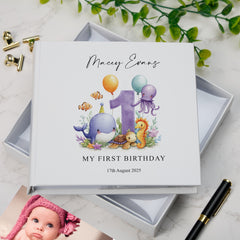 Personalised 1st birthday photo Album Boy or Girl Sea Mammals Theme In Gift Box