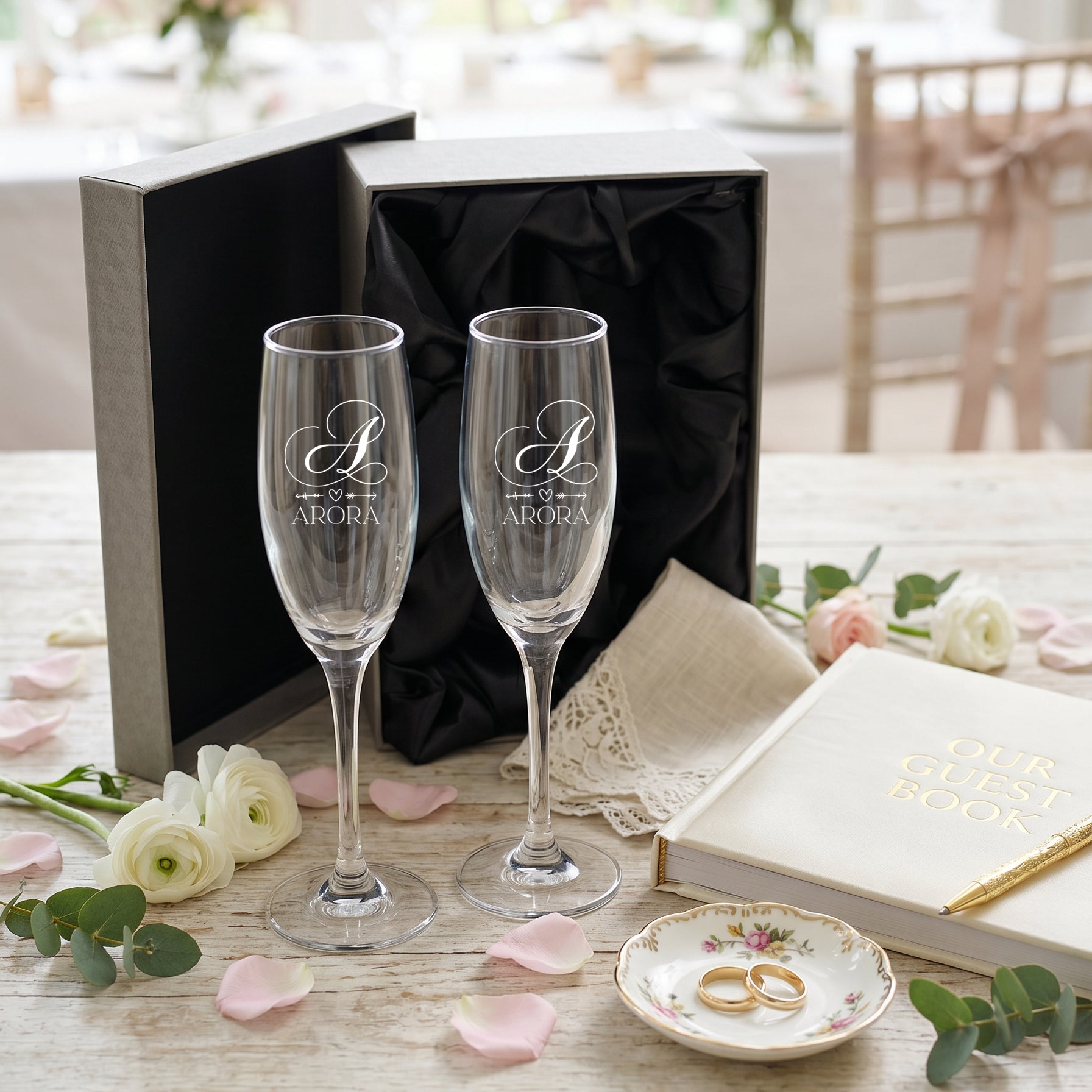 Personalised Wedding Champagne Engraved Flutes – Custom Initial Glasses With Luxury Gift Box Personalised Champagne Glasses ukgiftstoreonline