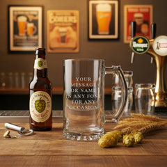 Personalised Engraved Beer Stein with Thumb Handle, 520ml Capacity, Laser Etched Glass Mug, Dishwasher Safe, Gift Box, 150mm High personalised beer glasses ukgiftstoreonline