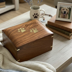 Large Personalised Handmade Wooden Pet Urn Box For Dogs With Brass Paw Inlays
