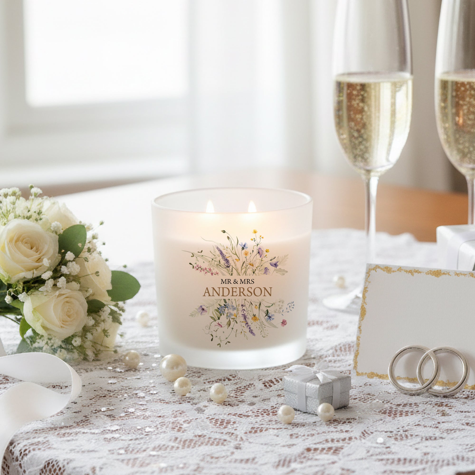 Personalised Wedding Candle – Large Floral Scented Candle Gift With Wildflower Design personalised Candle Lights ukgiftstoreonline
