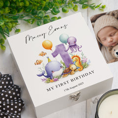 Personalised 1st Birthday Keepsake Memory Box Gift With Sea Mammals