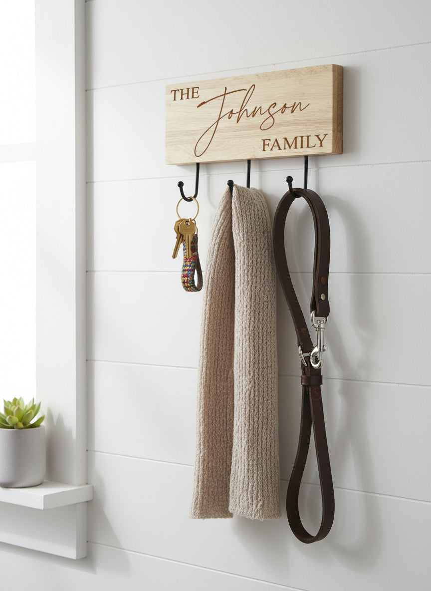 Personalised Engraved Wooden Family Name Key or Coat Hook ukgiftstoreonline