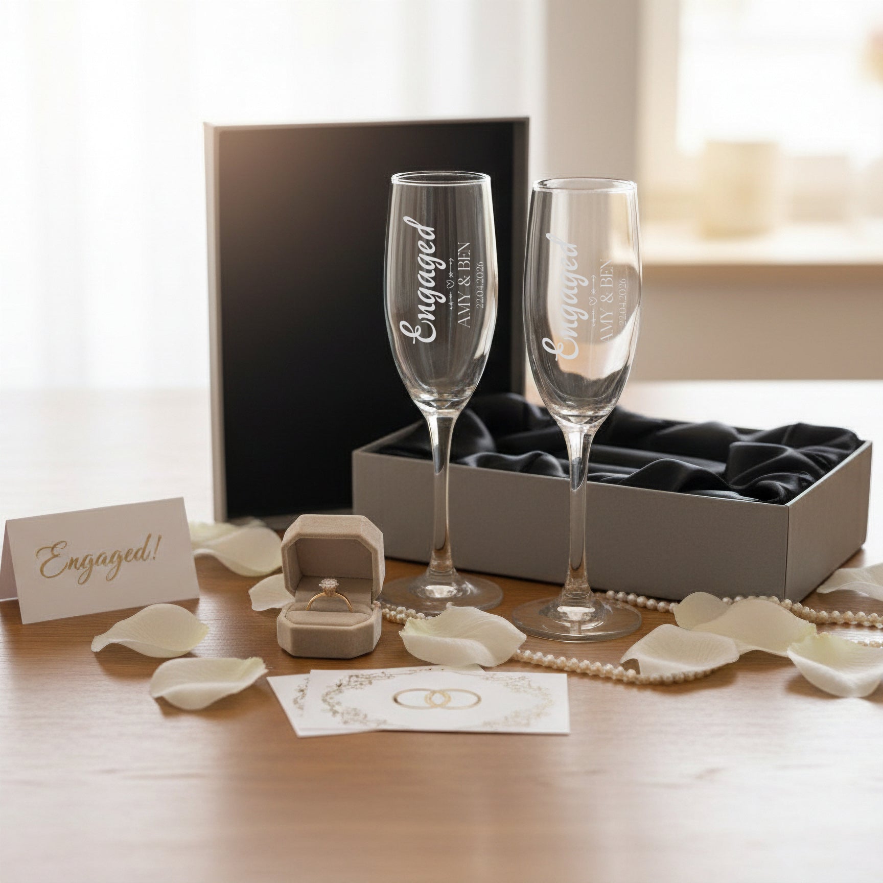 Personalised Engagement Champagne Glasses – Custom Engraved Flutes With Luxury Gift Box Personalised Champagne Glasses ukgiftstoreonline