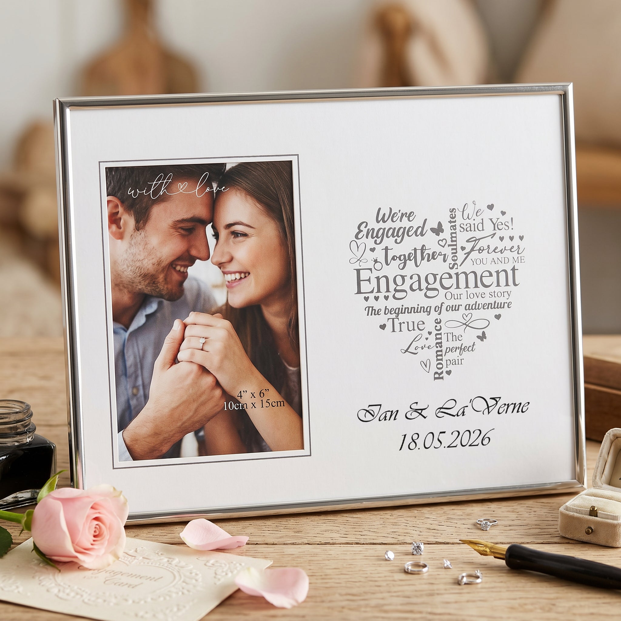 Engagement Photo Frame - Silver Heart Personalised 4x6 Keepsake Gift Boxed Anniversary Photo Frame ukgiftstoreonline